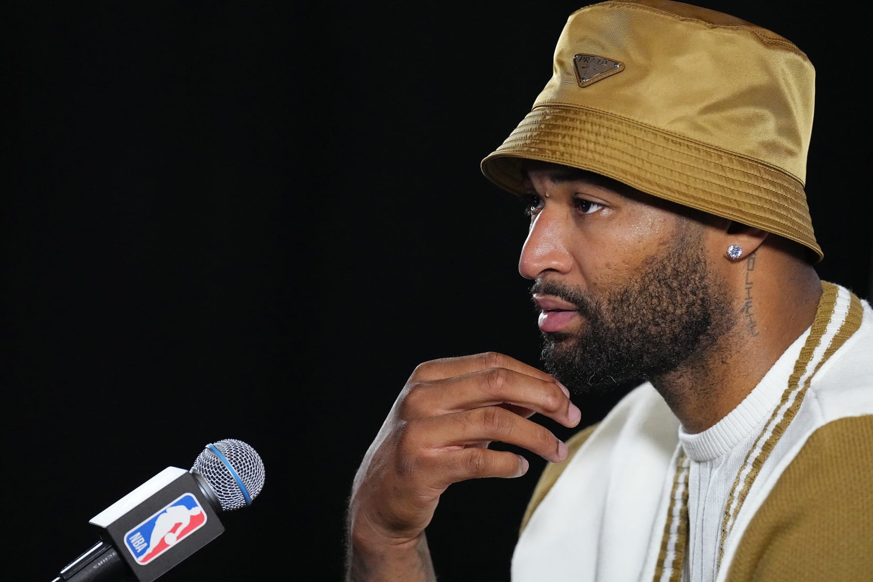SAN FRANCISCO, CA - APRIL 27: DeMarcus Cousins #4 of the Denver Nuggets speaks to the press after Round 1 Game 5 of the 2022 NBA Playoffs against the Golden State Warriorson April 27, 2022 at Chase Center in San Francisco, California. NOTE TO USER: User expressly acknowledges and agrees that, by downloading and or using this photograph, user is consenting to the terms and conditions of Getty Images License Agreement. Mandatory Copyright Notice: Copyright 2022 NBAE (Photo by Garrett Ellwood/NBAE via Getty Images)