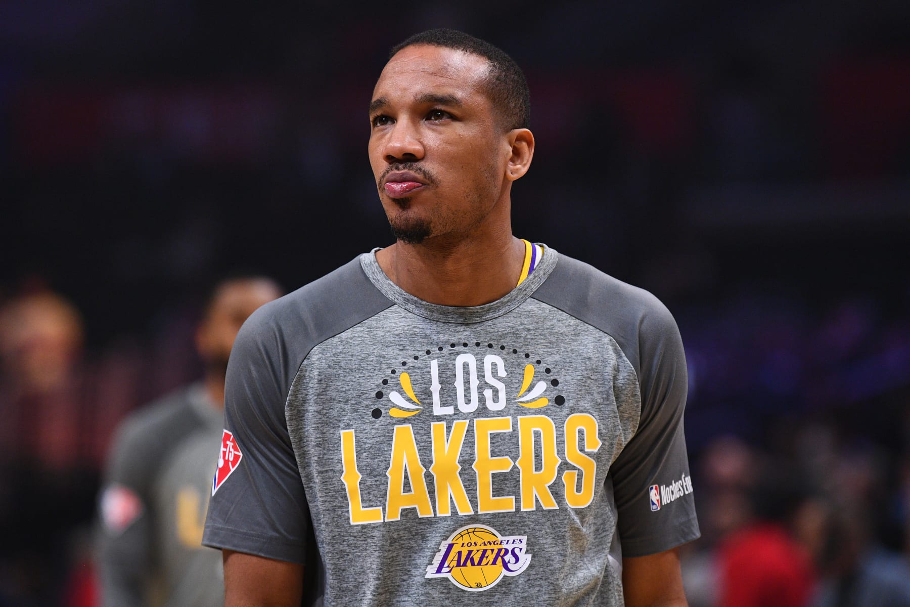 LOS ANGELES, CA - MARCH 03: Los Angeles Lakers Guard Avery Bradley (20) looks on before a NBA game between the Los Angeles Lakers and the Los Angeles Clippers on March 3, 2022 at Crypto.com Arena in Los Angeles, CA. (Photo by Brian Rothmuller/Icon Sportswire via Getty Images)