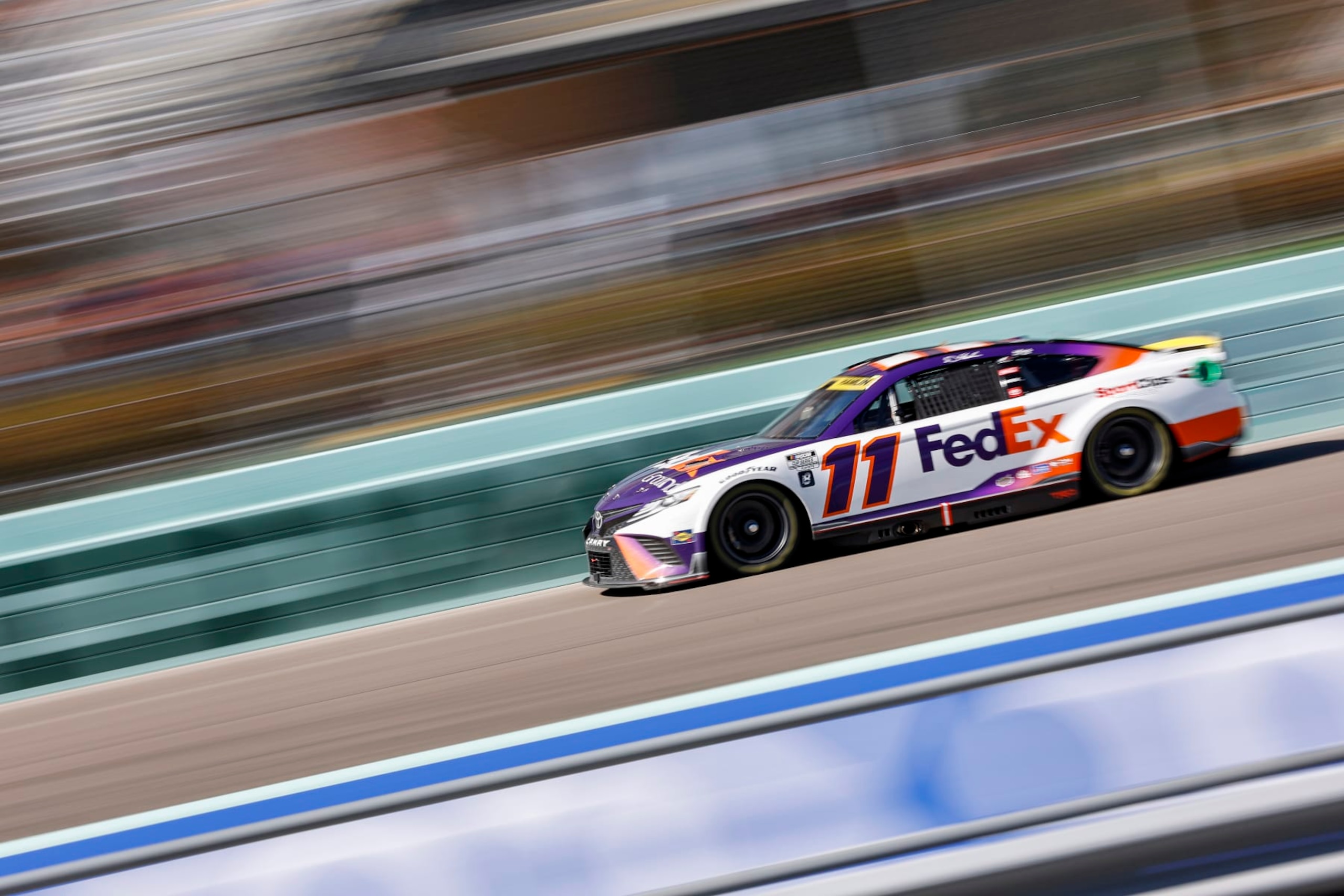 HOMESTEAD, FLORIDA - OCTOBER 23: Denny Hamlin, driver of the #11 FedEx Ground Toyota, drives during the NASCAR Cup Series Dixie Vodka 400 at Homestead-Miami Speedway on October 23, 2022 in Homestead, Florida. (Photo by Sean Gardner/Getty Images)