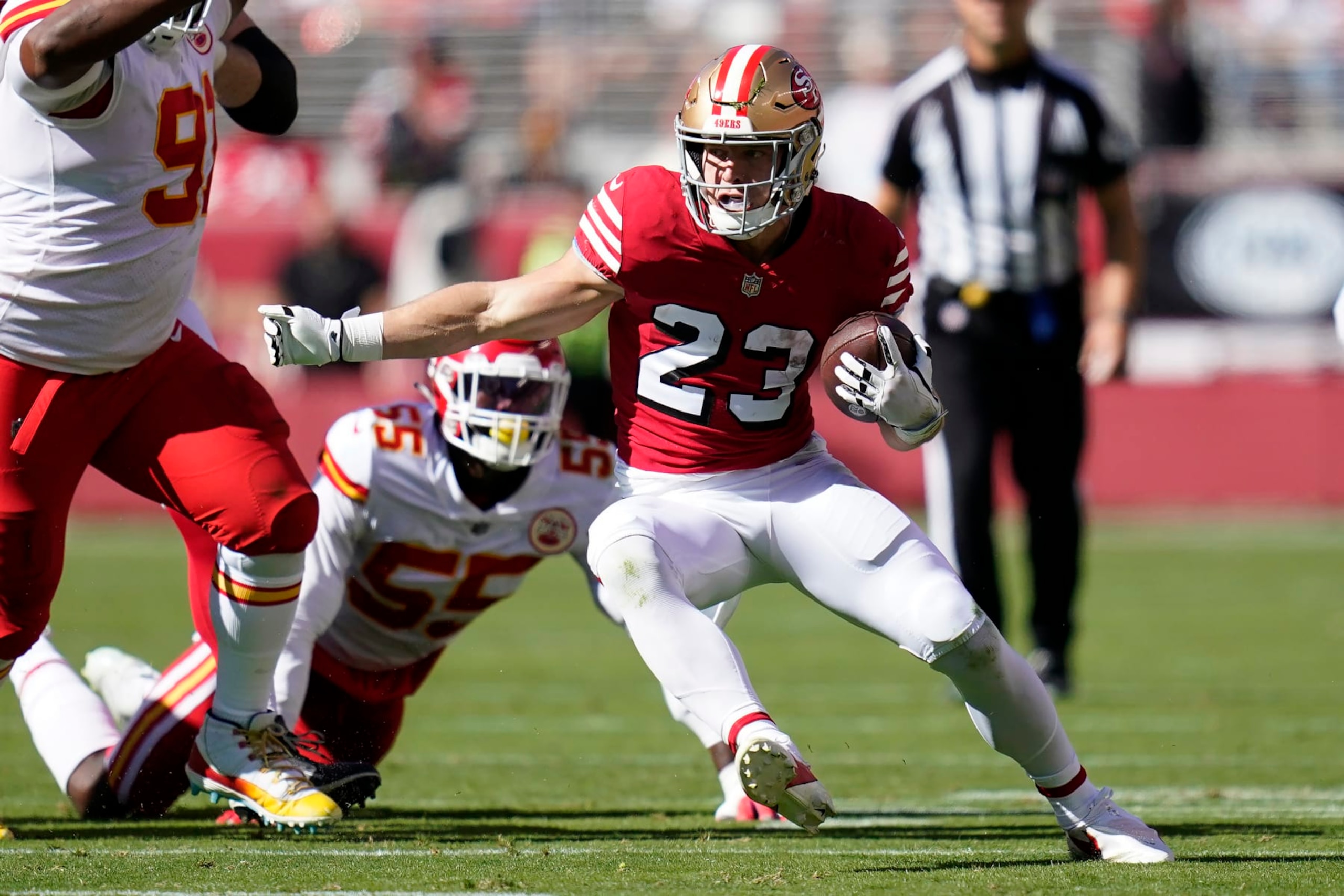 San Francisco 49ers running back Christian McCaffrey (23) runs against the Kansas City Chiefs during an NFL football game in Santa Clara, Calif., Sunday, Oct. 23, 2022. (AP Photo/Godofredo A. Vásquez)