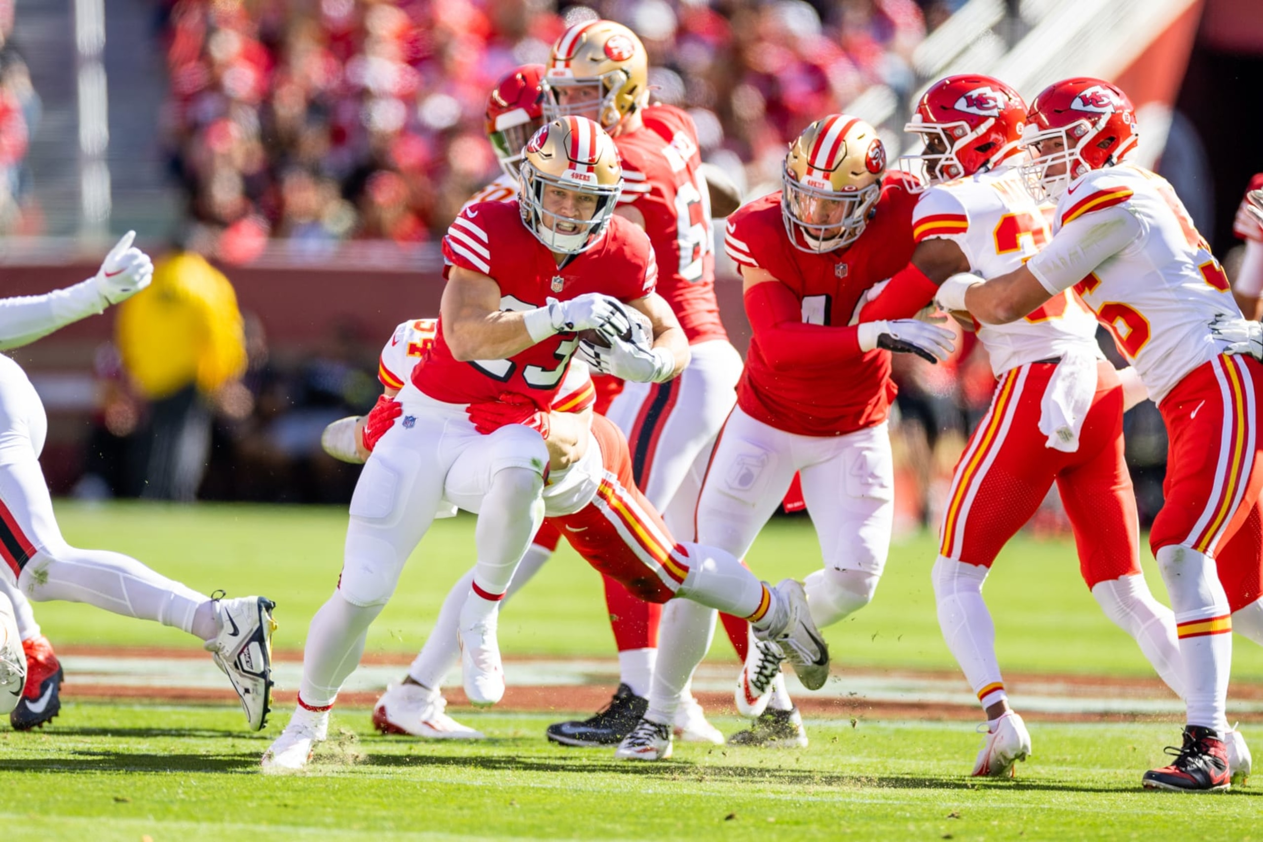 SANTA CLARA, CA - OCTOBER 23: San Francisco 49ers running back Christian McCaffrey (23) runs the ball during the NFL professional football game between the Kansas City Chiefs and San Francisco 49ers on October 23, 2022 at Levis Stadium in Santa Clara, CA. (Photo by Bob Kupbens/Icon Sportswire via Getty Images)