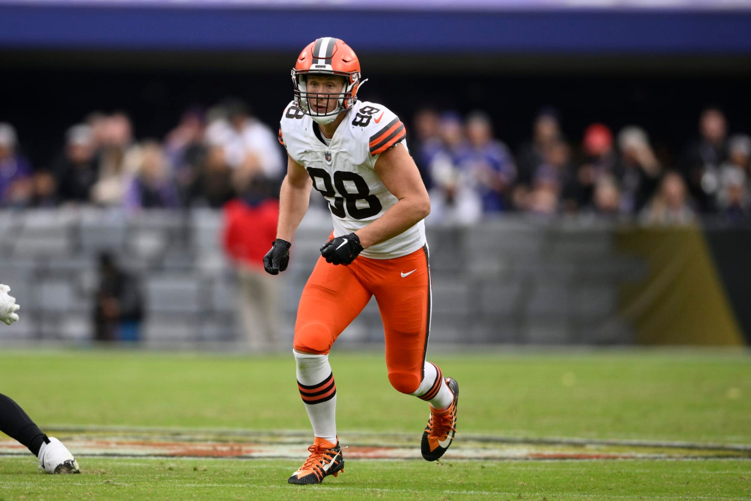 Cleveland Browns tight end Harrison Bryant (88) in action during the second half of an NFL football game against the Baltimore Ravens, Sunday, Oct. 23, 2022, in Baltimore. (AP Photo/Nick Wass)