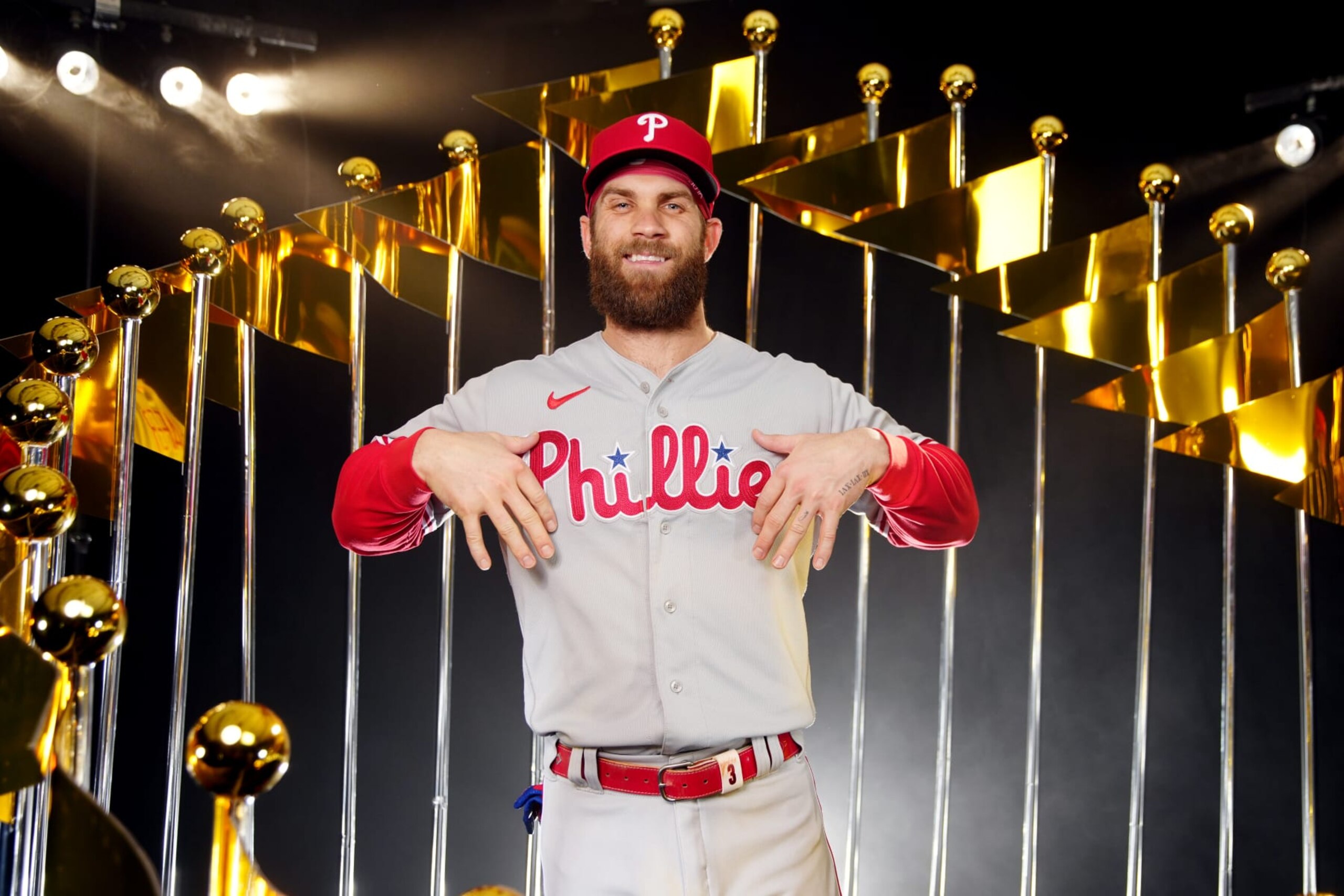 HOUSTON, TX - OCTOBER 27:  Bryce Harper #3 of the Philadelphia Phillies poses for a photo during the 2022 World Series Workout Day at Minute Maid Park on Thursday, October 27, 2022 in Houston, Texas. (Photo by Daniel Shirey/MLB Photos via Getty Images)