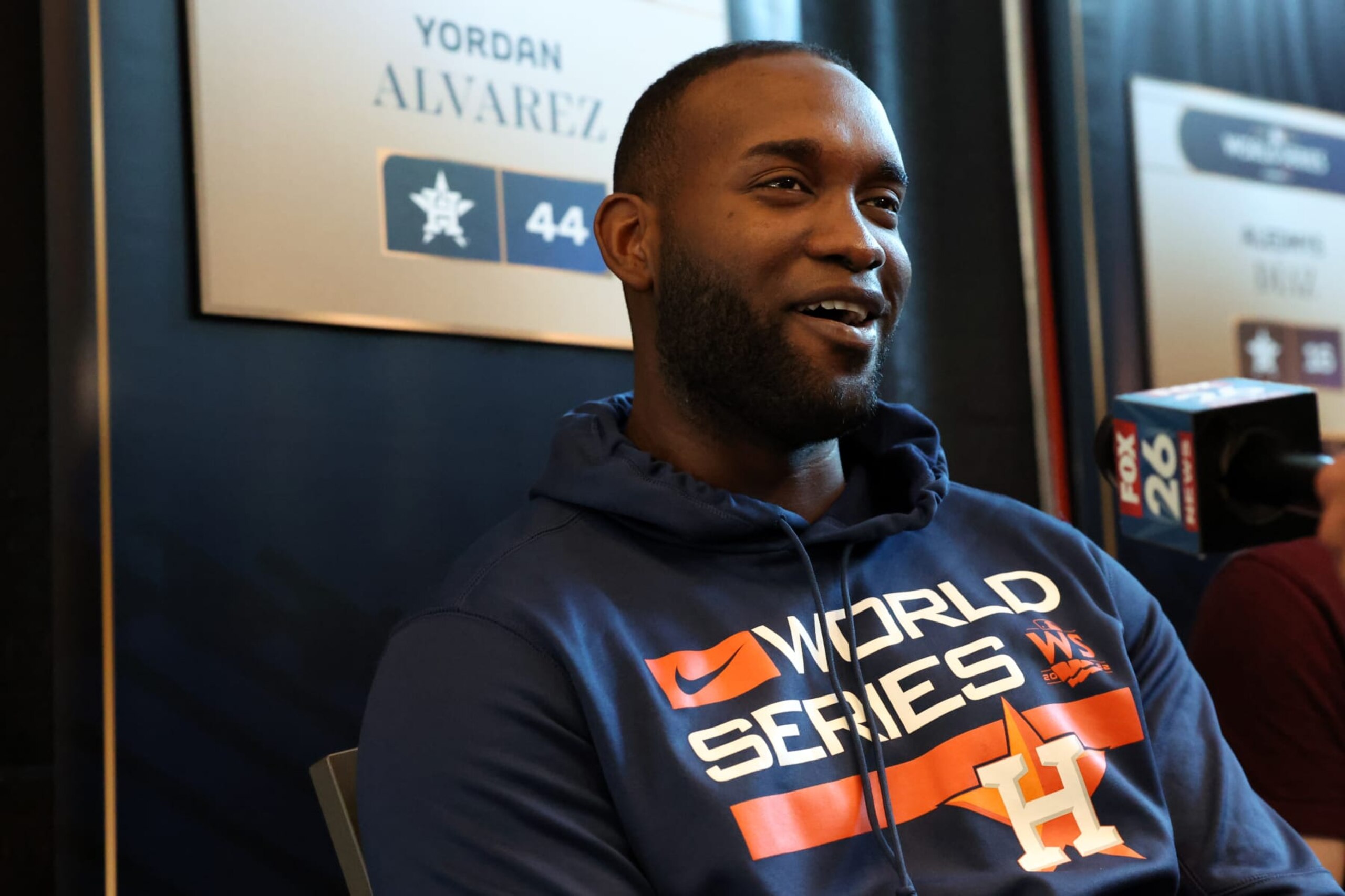 HOUSTON, TX - OCTOBER 27:  Yordan Alvarez #44 of the Houston Astros talks to the media during the 2022 World Series Workout Day at Minute Maid Park on Thursday, October 27, 2022 in Houston, Texas. (Photo by Mary DeCicco/MLB Photos via Getty Images)