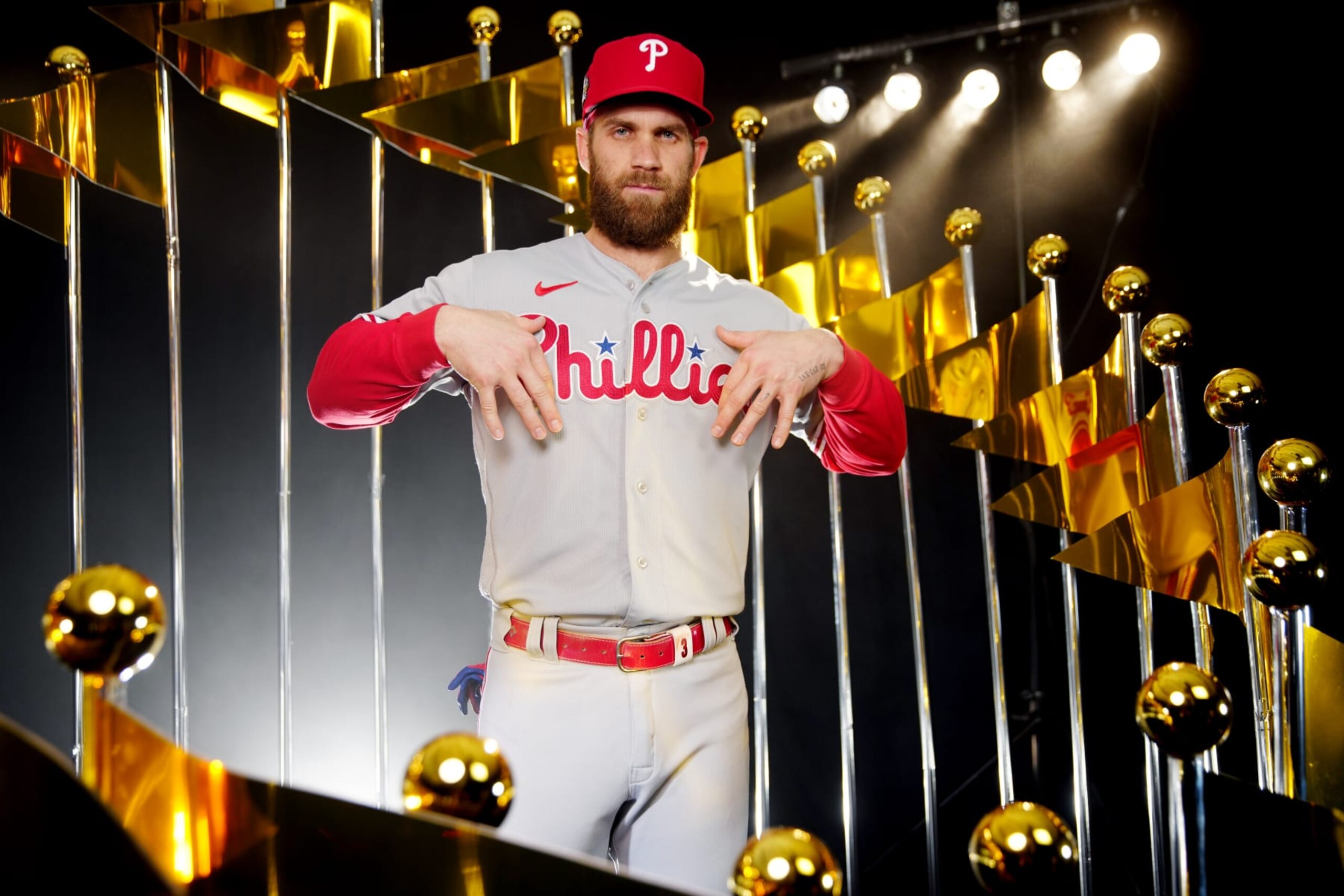 HOUSTON, TX - OCTOBER 27:  Bryce Harper #3 of the Philadelphia Phillies poses for a photo during the 2022 World Series Workout Day at Minute Maid Park on Thursday, October 27, 2022 in Houston, Texas. (Photo by Daniel Shirey/MLB Photos via Getty Images)