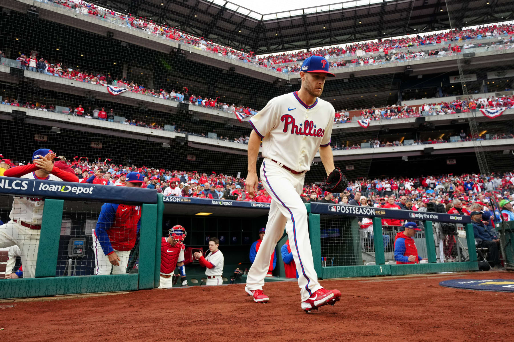 PHILADELPHIA, PA - OCTOBER 23:   Zack Wheeler #45 of the Philadelphia Phillies takes the field in the first inning during Game 5 of the NLCS between the San Diego Padres and the Philadelphia Phillies at Citizens Bank Park on Sunday, October 23, 2022 in Philadelphia, Pennsylvania. (Photo by Daniel Shirey/MLB Photos via Getty Images)