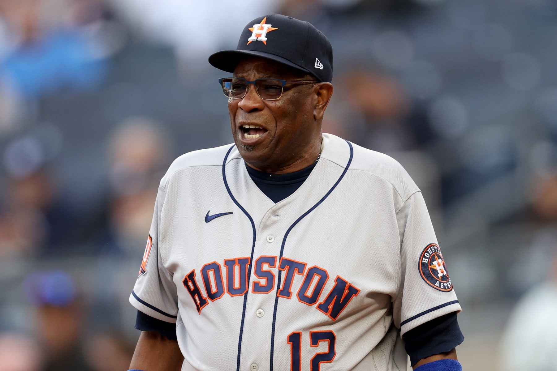 NEW YORK, NEW YORK - OCTOBER 22: Manager Dusty Baker Jr. #12 of the Houston Astros looks on prior to game three of the American League Championship Series against the New York Yankees at Yankee Stadium on October 22, 2022 in New York City. (Photo by Jamie Squire/Getty Images)