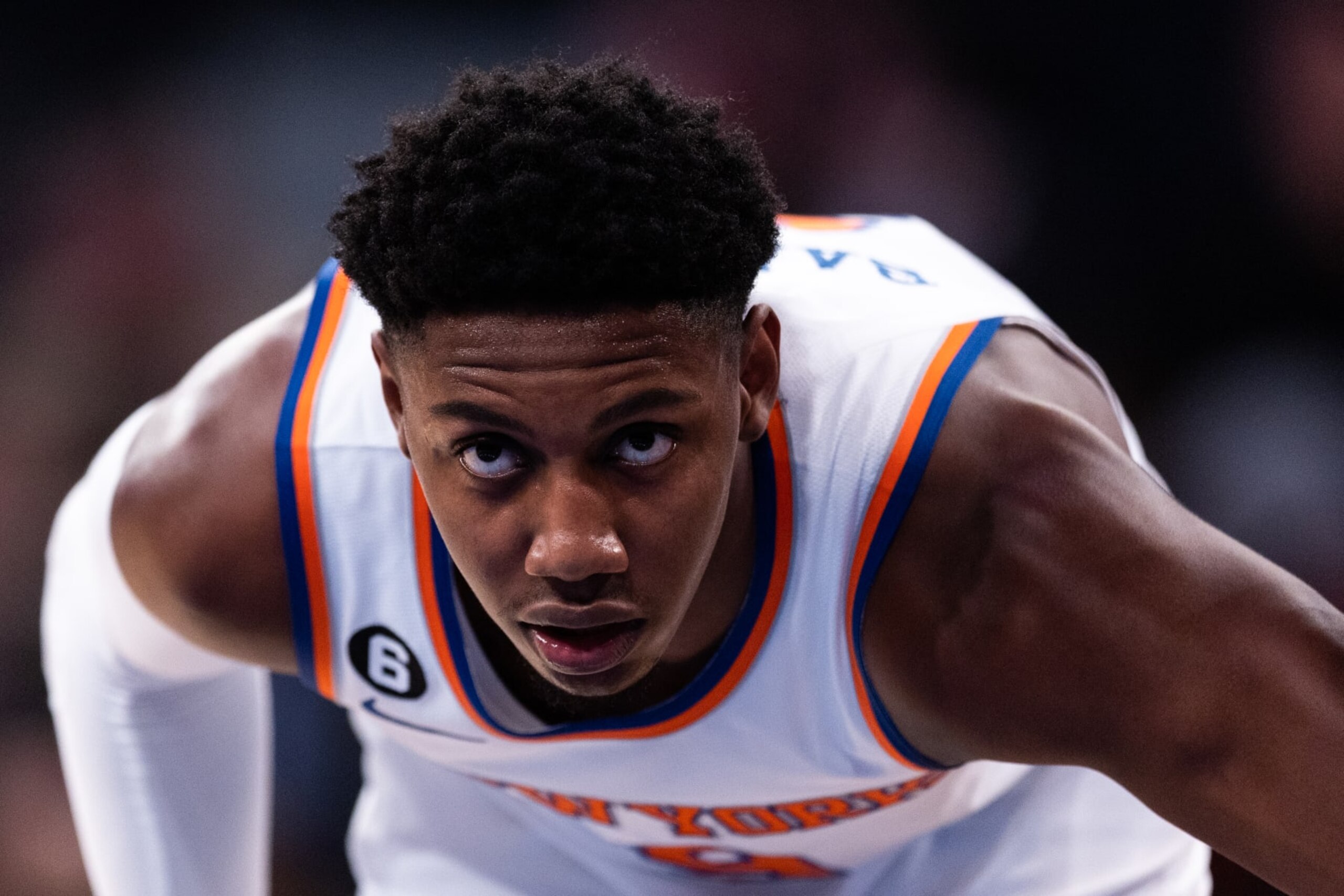 NEW YORK, NEW YORK - OCTOBER 24: RJ Barrett #9 of the New York Knicks looks on during the first quarter of the game against the Orlando Magic at Madison Square Garden on October 24, 2022 in New York City. NOTE TO USER: User expressly acknowledges and agrees that,  by downloading and or using this photograph,  User is consenting to the terms and conditions of the Getty Images License Agreement. (Photo by Dustin Satloff/Getty Images)