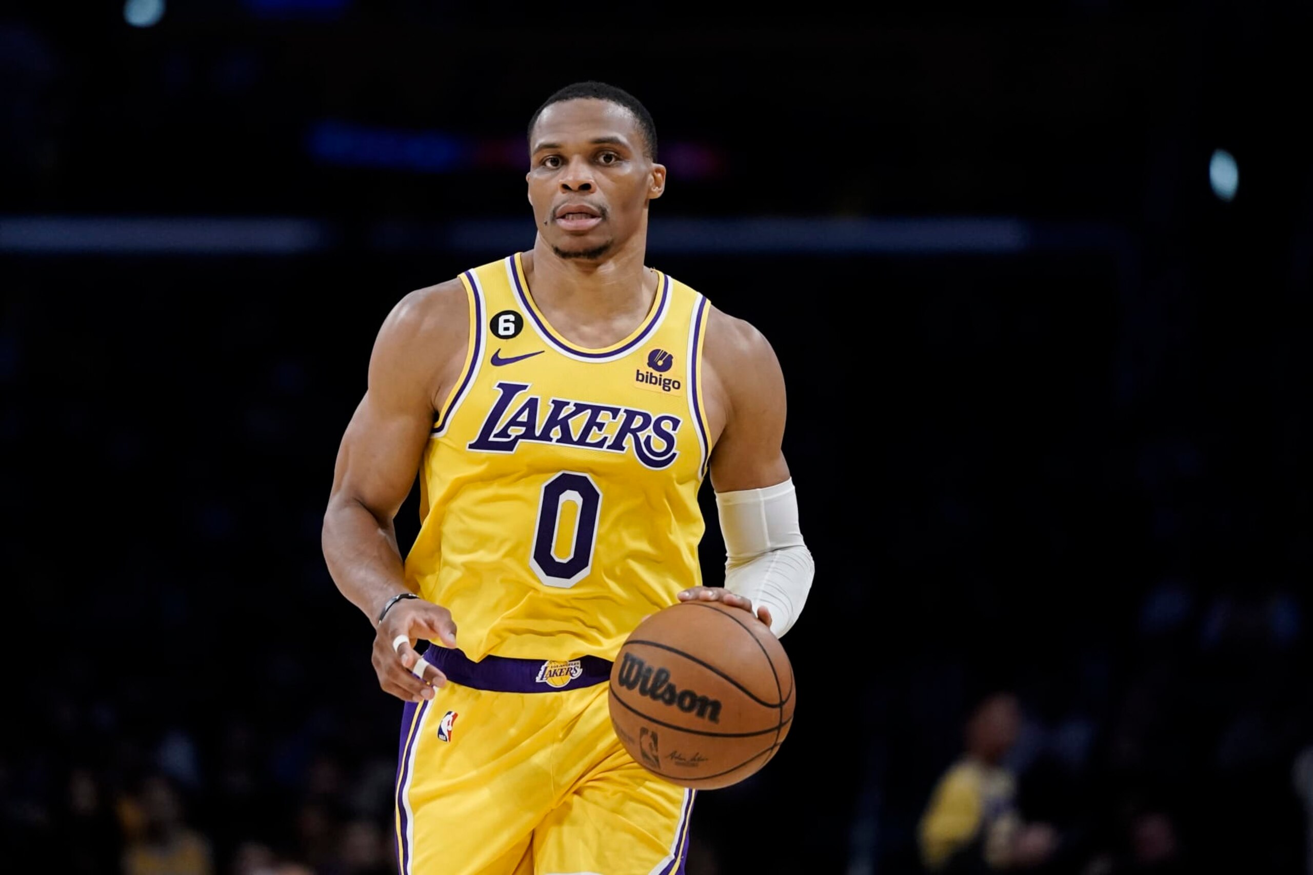 Los Angeles Lakers' Russell Westbrook dribbles the ball during first half of an NBA preseason basketball game against the Minnesota Timberwolves Wednesday, Oct. 12, 2022, in Los Angeles. (AP Photo/Jae C. Hong)