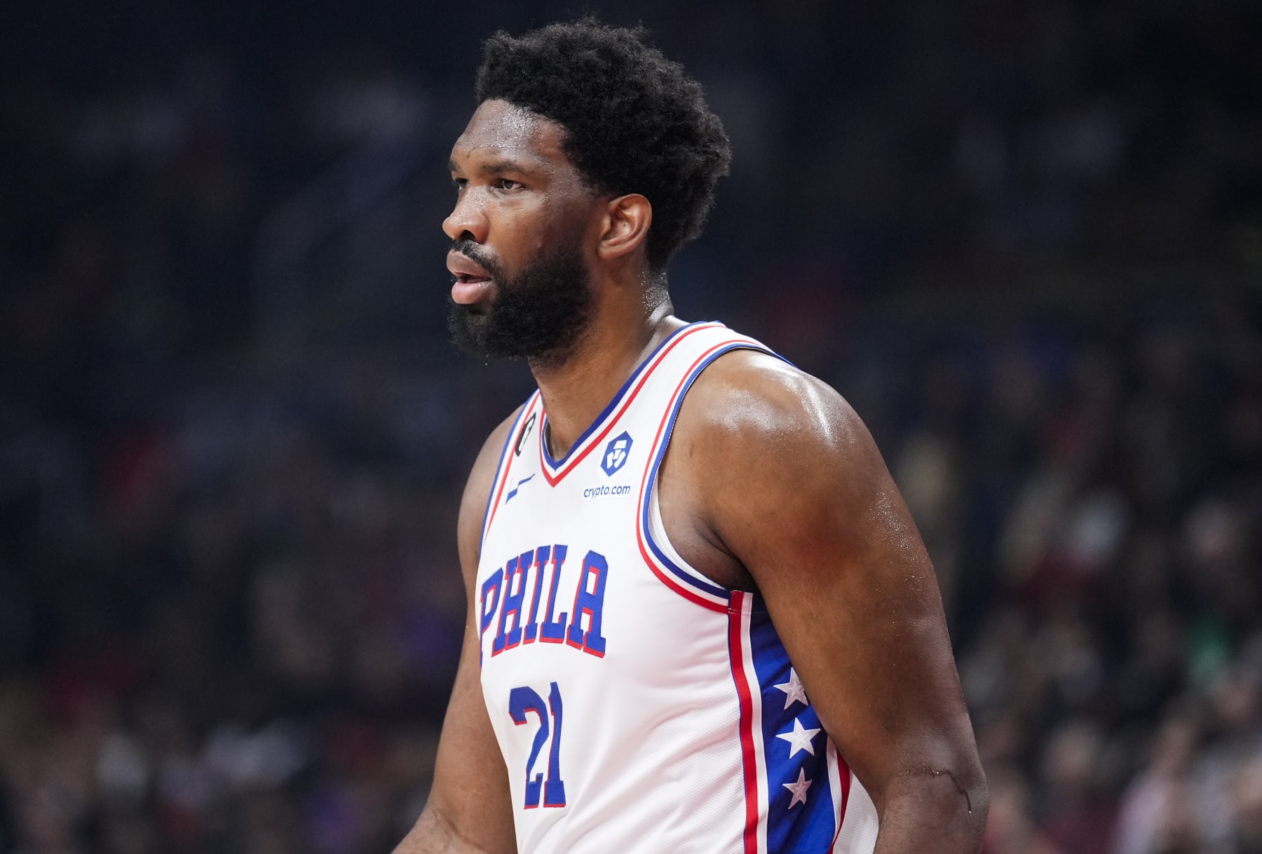 TORONTO, ON - OCTOBER 26: Joel Embiid #21 of the Philadelphia 76ers looks on against the Toronto Raptors during the first half of their basketball game at the Scotiabank Arena on October 26, 2022 in Toronto, Ontario, Canada. NOTE TO USER: User expressly acknowledges and agrees that, by downloading and/or using this Photograph, user is consenting to the terms and conditions of the Getty Images License Agreement. (Photo by Mark Blinch/Getty Images)