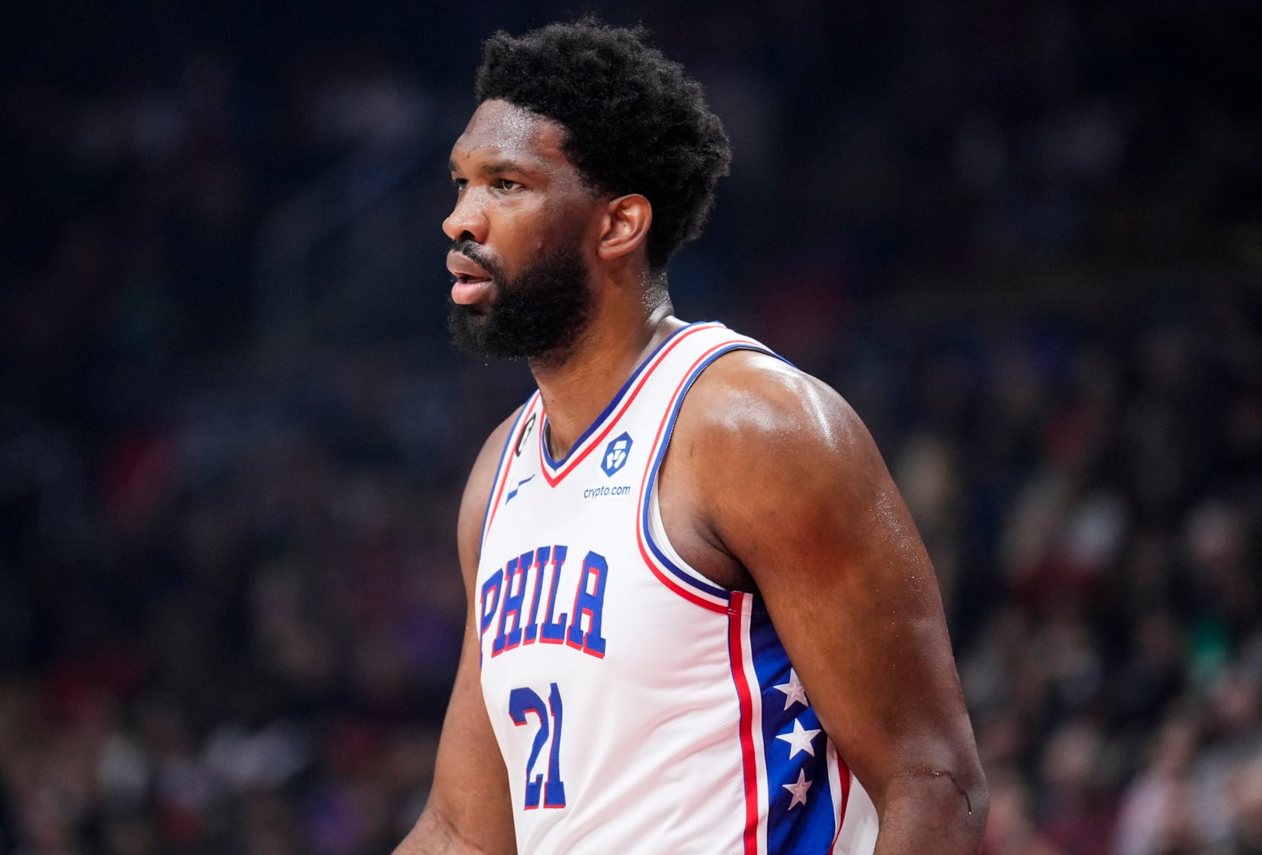 TORONTO, ON - OCTOBER 26: Joel Embiid #21 of the Philadelphia 76ers looks on against the Toronto Raptors during the first half of their basketball game at the Scotiabank Arena on October 26, 2022 in Toronto, Ontario, Canada. NOTE TO USER: User expressly acknowledges and agrees that, by downloading and/or using this Photograph, user is consenting to the terms and conditions of the Getty Images License Agreement. (Photo by Mark Blinch/Getty Images) TORONTO, ON - OCTOBER 26: Joel Embiid #21 of the Philadelphia 76ers looks on against the Toronto Raptors during the first half of their basketball game at the Scotiabank Arena on October 26, 2022 in Toronto, Ontario, Canada. NOTE TO USER: User expressly acknowledges and agrees that, by downloading and/or using this Photograph, user is consenting to the terms and conditions of the Getty Images License Agreement. (Photo by Mark Blinch/Getty Images)