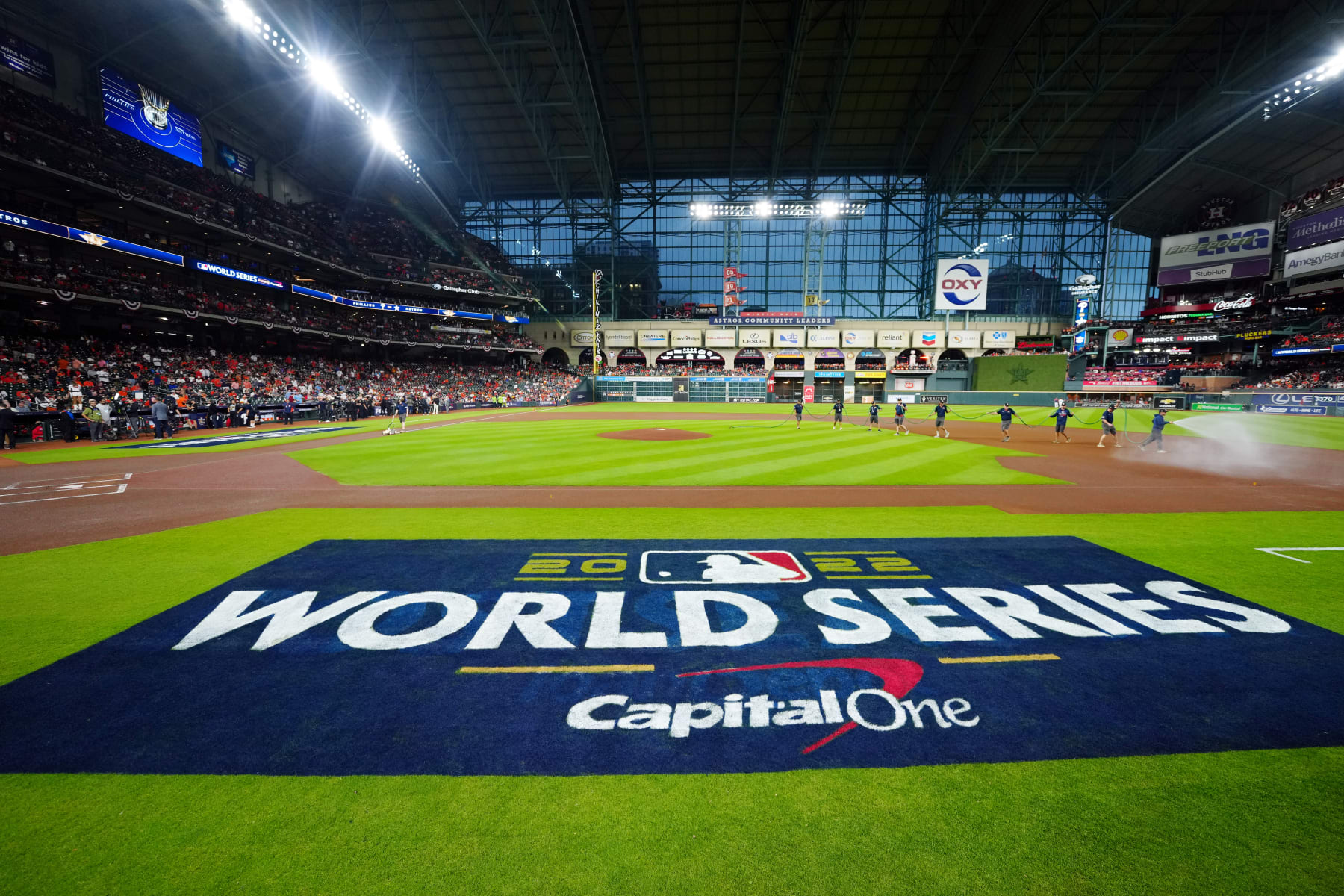 HOUSTON, TX - OCTOBER 28:  A detail shot of the 2022 World Series logo on the field prior to Game 1 of the 2022 World Series between the Philadelphia Phillies and the Houston Astros at Minute Maid Park on Friday, October 28, 2022 in Houston, Texas. (Photo by Daniel Shirey/MLB Photos via Getty Images)