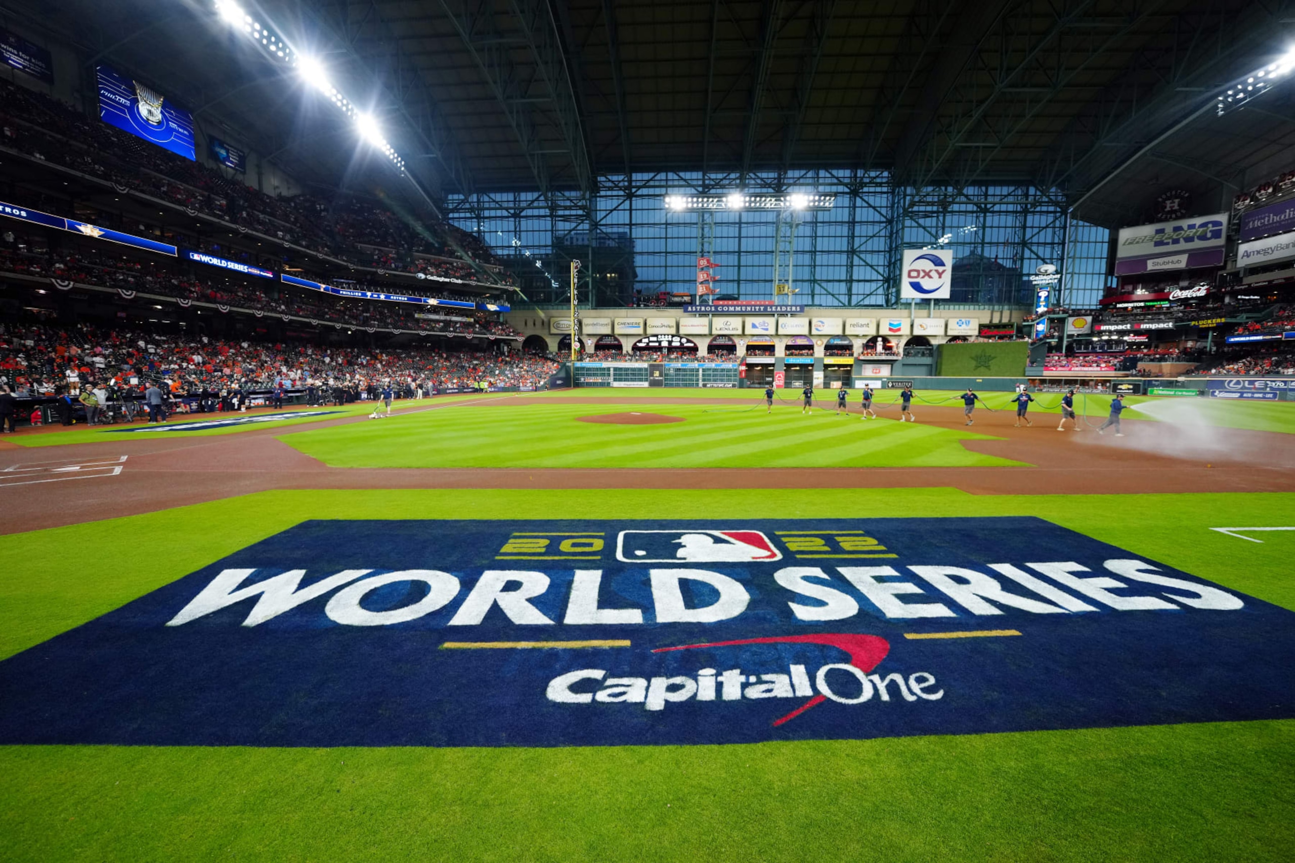 HOUSTON, TX - OCTOBER 28: A detail shot of the 2022 World Series logo on the field prior to Game 1 of the 2022 World Series between the Philadelphia Phillies and the Houston Astros at Minute Maid Park on Friday, October 28, 2022 in Houston, Texas. (Photo by Daniel Shirey/MLB Photos via Getty Images) HOUSTON, TX - OCTOBER 28: A detail shot of the 2022 World Series logo on the field prior to Game 1 of the 2022 World Series between the Philadelphia Phillies and the Houston Astros at Minute Maid Park on Friday, October 28, 2022 in Houston, Texas. (Photo by Daniel Shirey/MLB Photos via Getty Images)