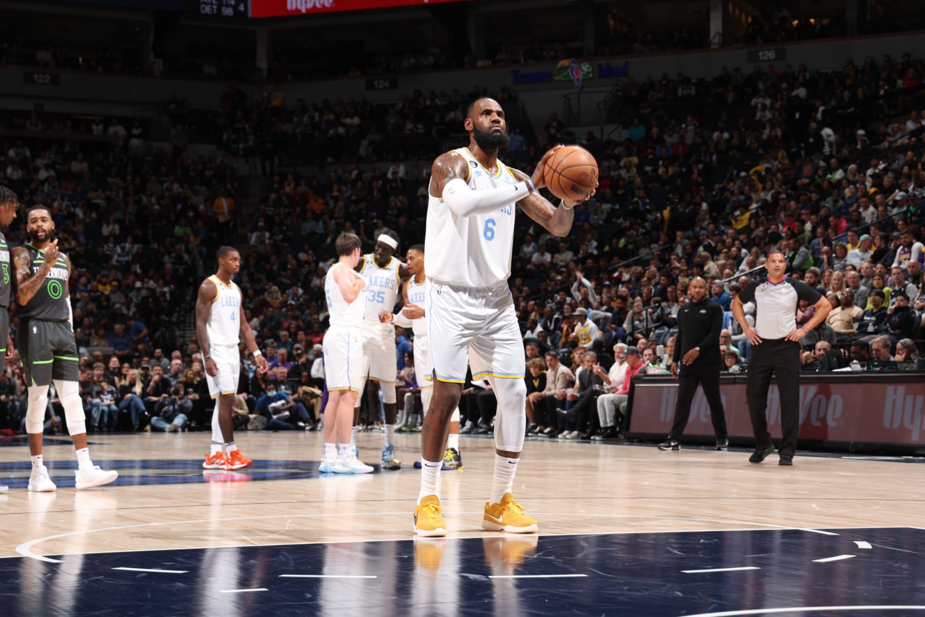 MINNEAPOLIS, MN -  OCTOBER 28: LeBron James #6 of the Los Angeles Lakers prepares to shoot a free throw during the game against the Minnesota Timberwolves on October 28, 2022 at Target Center in Minneapolis, Minnesota. NOTE TO USER: User expressly acknowledges and agrees that, by downloading and or using this Photograph, user is consenting to the terms and conditions of the Getty Images License Agreement. Mandatory Copyright Notice: Copyright 2022 NBAE (Photo by David Sherman/NBAE via Getty Images)