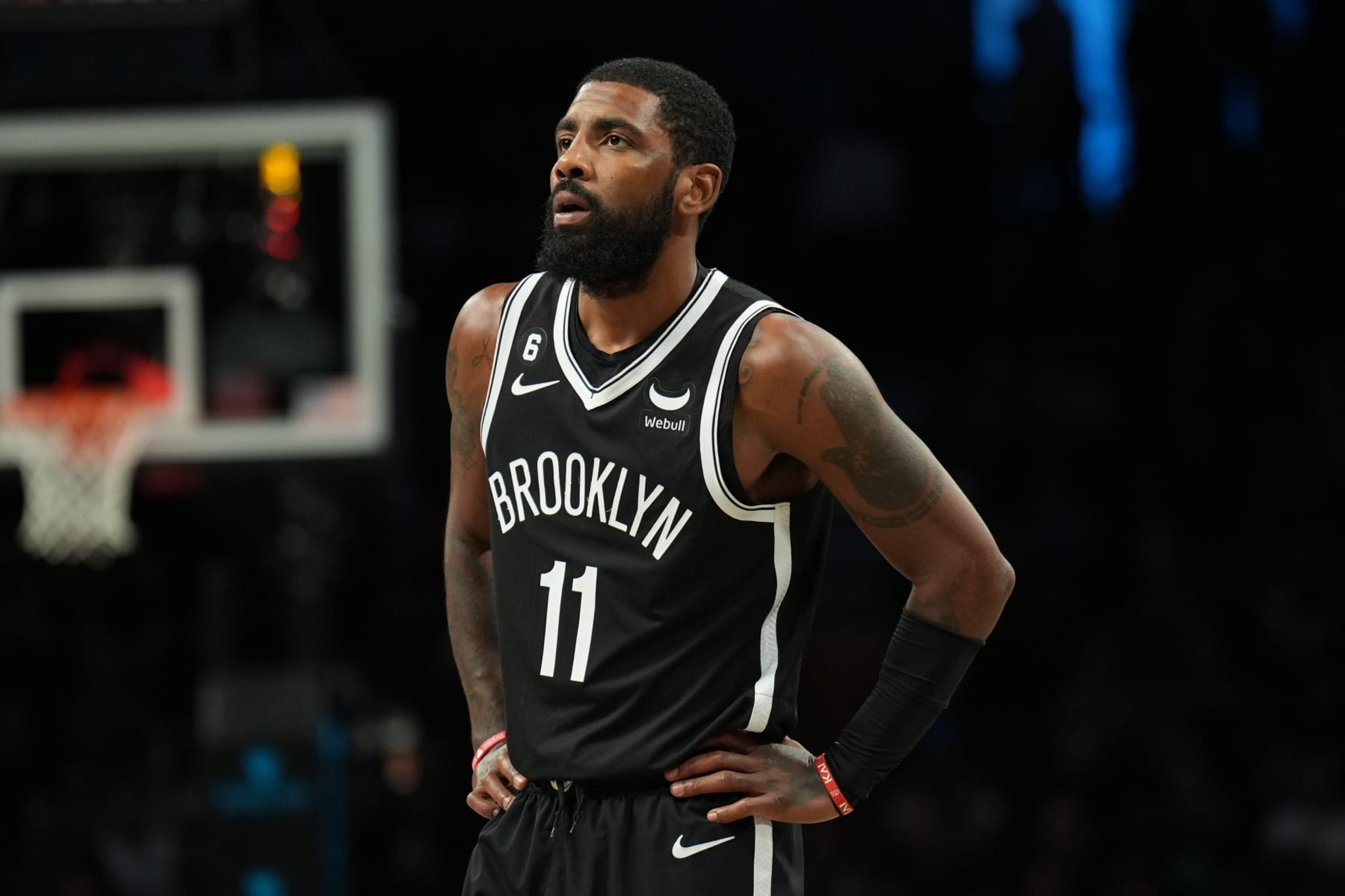 BROOKLYN, NY - OCTOBER 27: Kyrie Irving #11 of the Brooklyn Nets looks on during the game against the Dallas Mavericks on October 27, 2022 at Barclays Center in Brooklyn, New York. NOTE TO USER: User expressly acknowledges and agrees that, by downloading and or using this Photograph, user is consenting to the terms and conditions of the Getty Images License Agreement. Mandatory Copyright Notice: Copyright 2022 NBAE (Photo by Jesse D. Garrabrant/NBAE via Getty Images) BROOKLYN, NY - OCTOBER 27: Kyrie Irving #11 of the Brooklyn Nets looks on during the game against the Dallas Mavericks on October 27, 2022 at Barclays Center in Brooklyn, New York. NOTE TO USER: User expressly acknowledges and agrees that, by downloading and or using this Photograph, user is consenting to the terms and conditions of the Getty Images License Agreement. Mandatory Copyright Notice: Copyright 2022 NBAE (Photo by Jesse D. Garrabrant/NBAE via Getty Images)