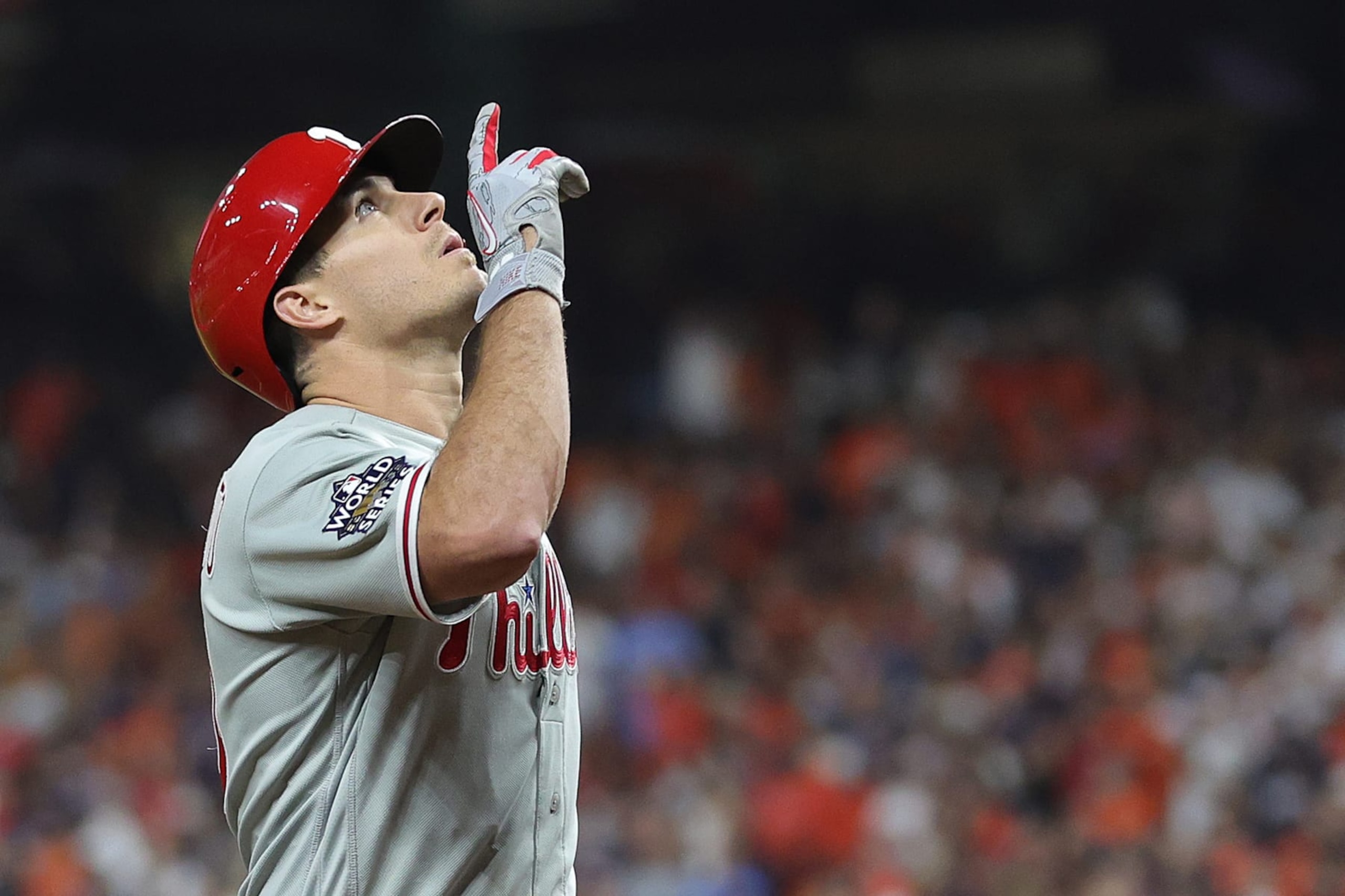HOUSTON, TEXAS - OCTOBER 28: J.T. Realmuto #10 of the Philadelphia Phillies celebrates after hitting a home run in the 10th inning against the Houston Astros in Game One of the 2022 World Series at Minute Maid Park on October 28, 2022 in Houston, Texas. (Photo by Carmen Mandato/Getty Images)