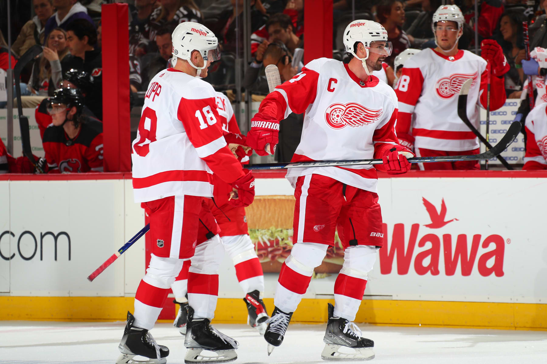 NEWARK, NJ - OCTOBER 15:  Detroit Red Wings center Dylan Larkin (71) and Detroit Red Wings center Andrew Copp (18) during the game against the New Jersey Devils on October 15, 2022 at the Prudential Center in Newark, New Jersey.  (Photo by Rich Graessle/Getty Images)