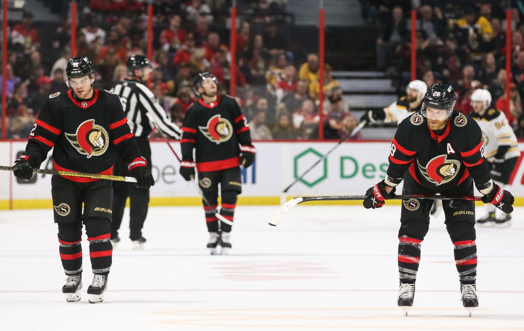 OTTAWA, CANADA - OCTOBER 18: Alex DeBrincat #12 of the Ottawa Senators and Claude Giroux #28 skate against the Boston Bruins at Canadian Tire Centre on October 18, 2022 in Ottawa, Ontario, Canada. (Photo by Chris Tanouye/Freestyle Photo/Getty Images)