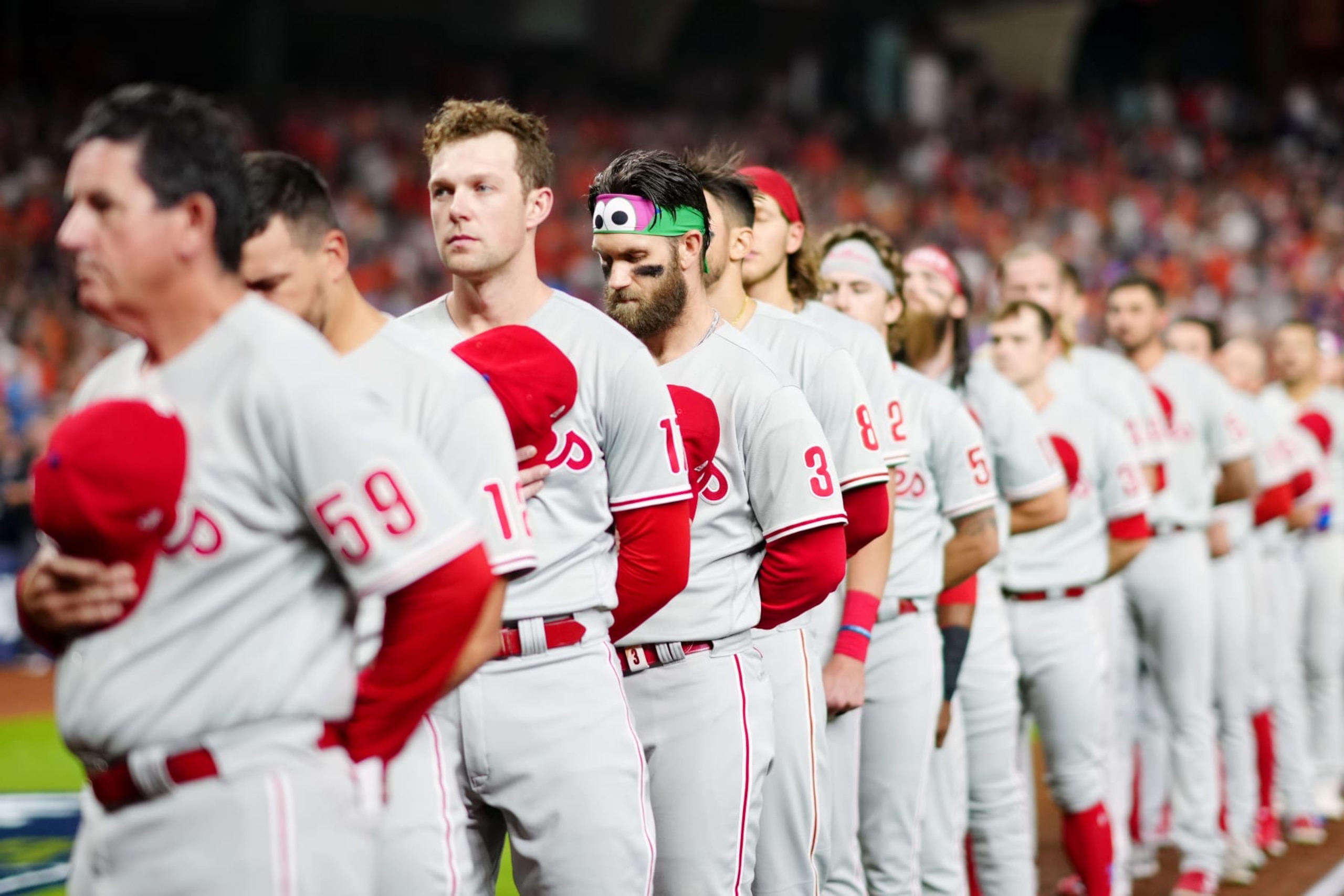 HOUSTON, TX - OCTOBER 28: Bryce Harper #3 of the Philadelphia Phillies looks on during the singing of the national anthem prior to Game 1 of the 2022 World Series between the Philadelphia Phillies and the Houston Astros at Minute Maid Park on Friday, October 28, 2022 in Houston, Texas. (Photo by Daniel Shirey/MLB Photos via Getty Images) HOUSTON, TX - OCTOBER 28: Bryce Harper #3 of the Philadelphia Phillies looks on during the singing of the national anthem prior to Game 1 of the 2022 World Series between the Philadelphia Phillies and the Houston Astros at Minute Maid Park on Friday, October 28, 2022 in Houston, Texas. (Photo by Daniel Shirey/MLB Photos via Getty Images)