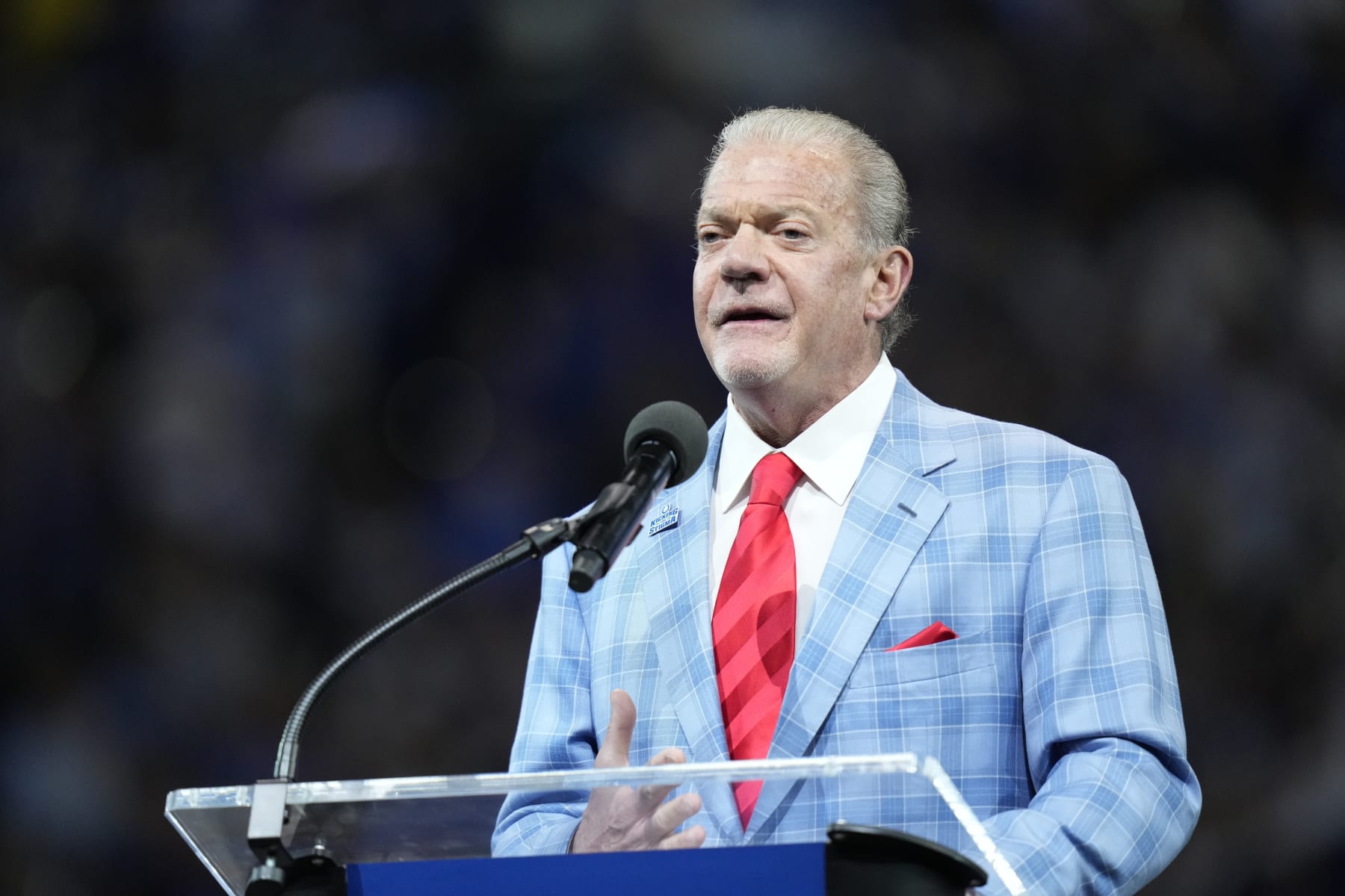 Indianapolis Colts owner Jim Irsay speaks during a Pro Football Hall of Fame commemorative ring during an NFL football game between the Indianapolis Colts and the Los Angeles Rams, Sunday, Sept. 19, 2021, in Indianapolis. (AP Photo/AJ Mast)