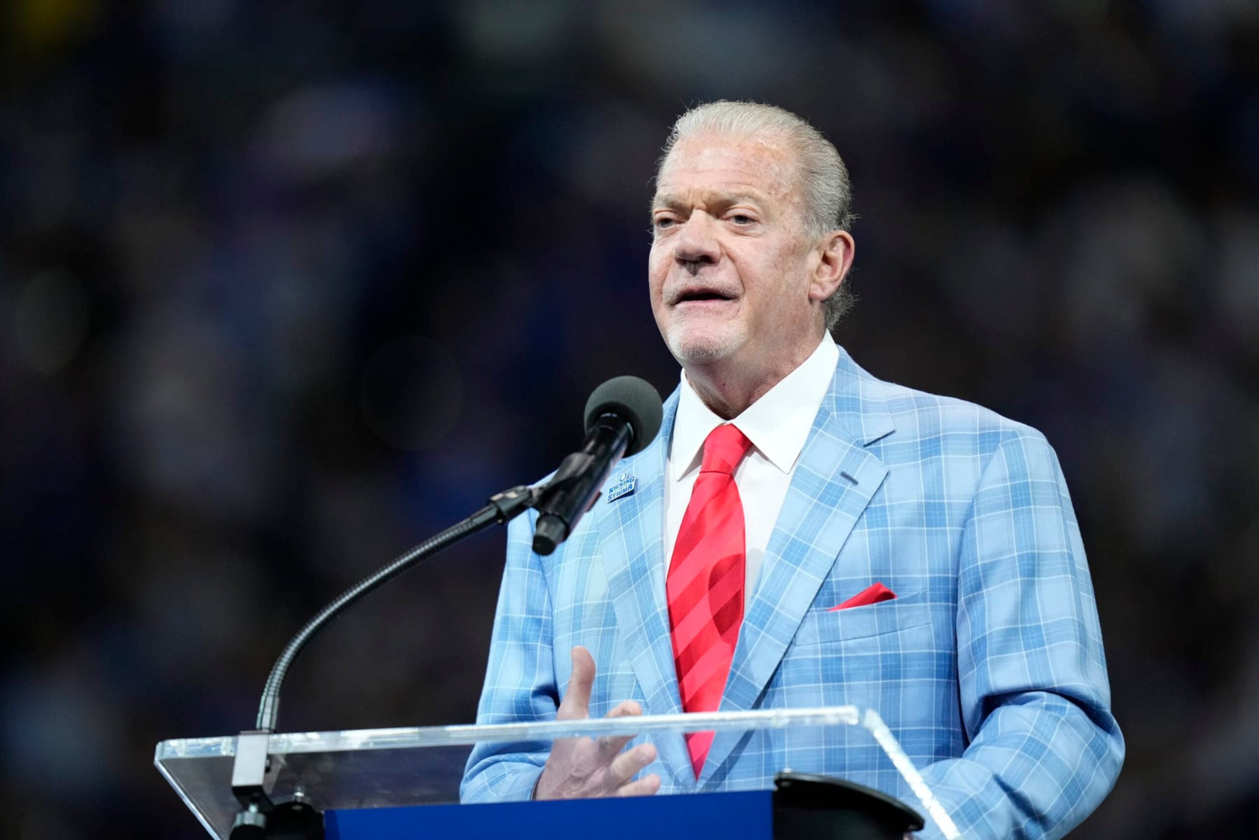 Indianapolis Colts owner Jim Irsay speaks during a Pro Football Hall of Fame commemorative ring during an NFL football game between the Indianapolis Colts and the Los Angeles Rams, Sunday, Sept. 19, 2021, in Indianapolis. (AP Photo/AJ Mast)