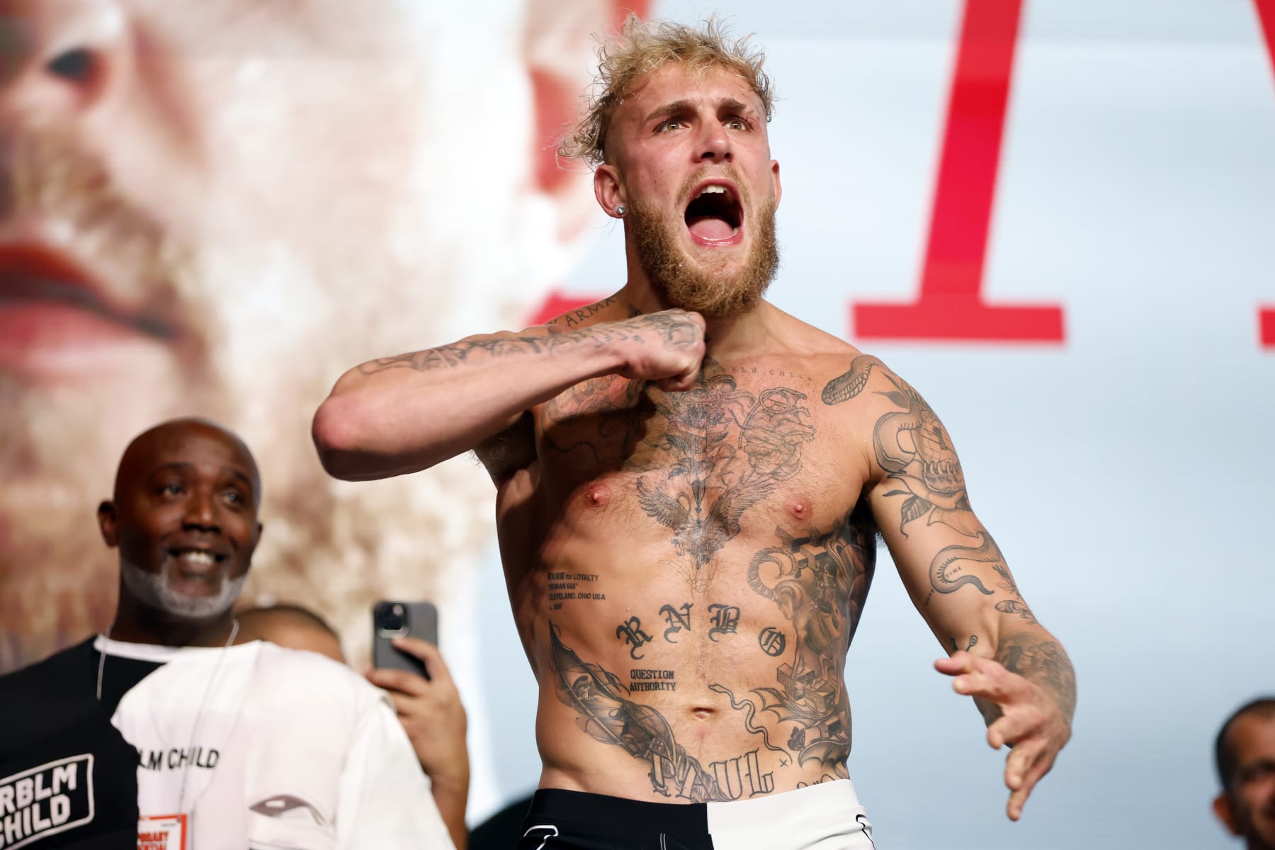 GLENDALE, ARIZONA - OCTOBER 28: Jake Paul poses during his official weigh in at Desert Diamond Arena on October 28, 2022 in Glendale, Arizona. (Photo by Chris Coduto/Getty Images)