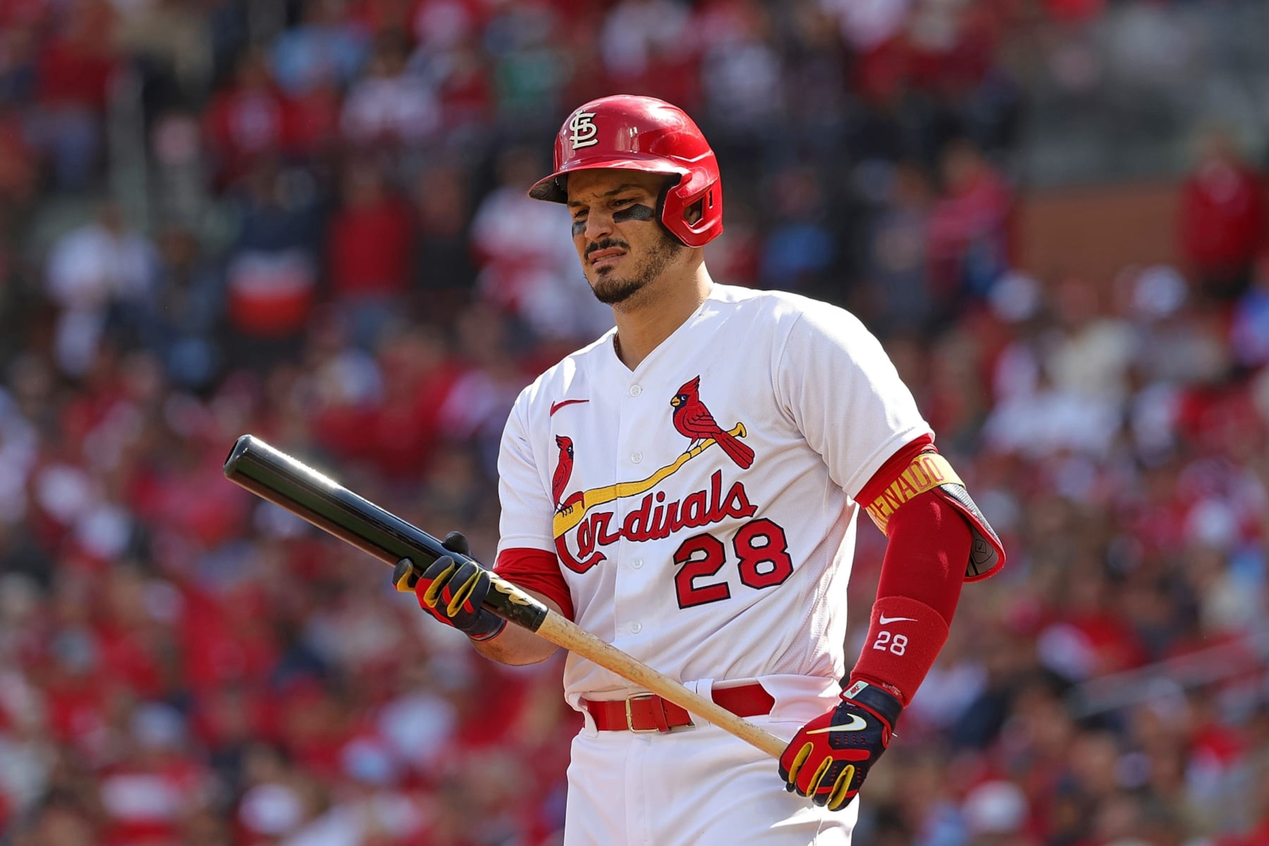 ST LOUIS, MISSOURI - OCTOBER 07: Nolan Arenado #28 of the St. Louis Cardinals at bat during Game One of the NL Wild Card series against the Philadelphia Phillies at Busch Stadium on October 07, 2022 in St Louis, Missouri. The Phillies defeated the Cardinals 6-3. (Photo by Stacy Revere/Getty Images) ST LOUIS, MISSOURI - OCTOBER 07: Nolan Arenado #28 of the St. Louis Cardinals at bat during Game One of the NL Wild Card series against the Philadelphia Phillies at Busch Stadium on October 07, 2022 in St Louis, Missouri. The Phillies defeated the Cardinals 6-3. (Photo by Stacy Revere/Getty Images)