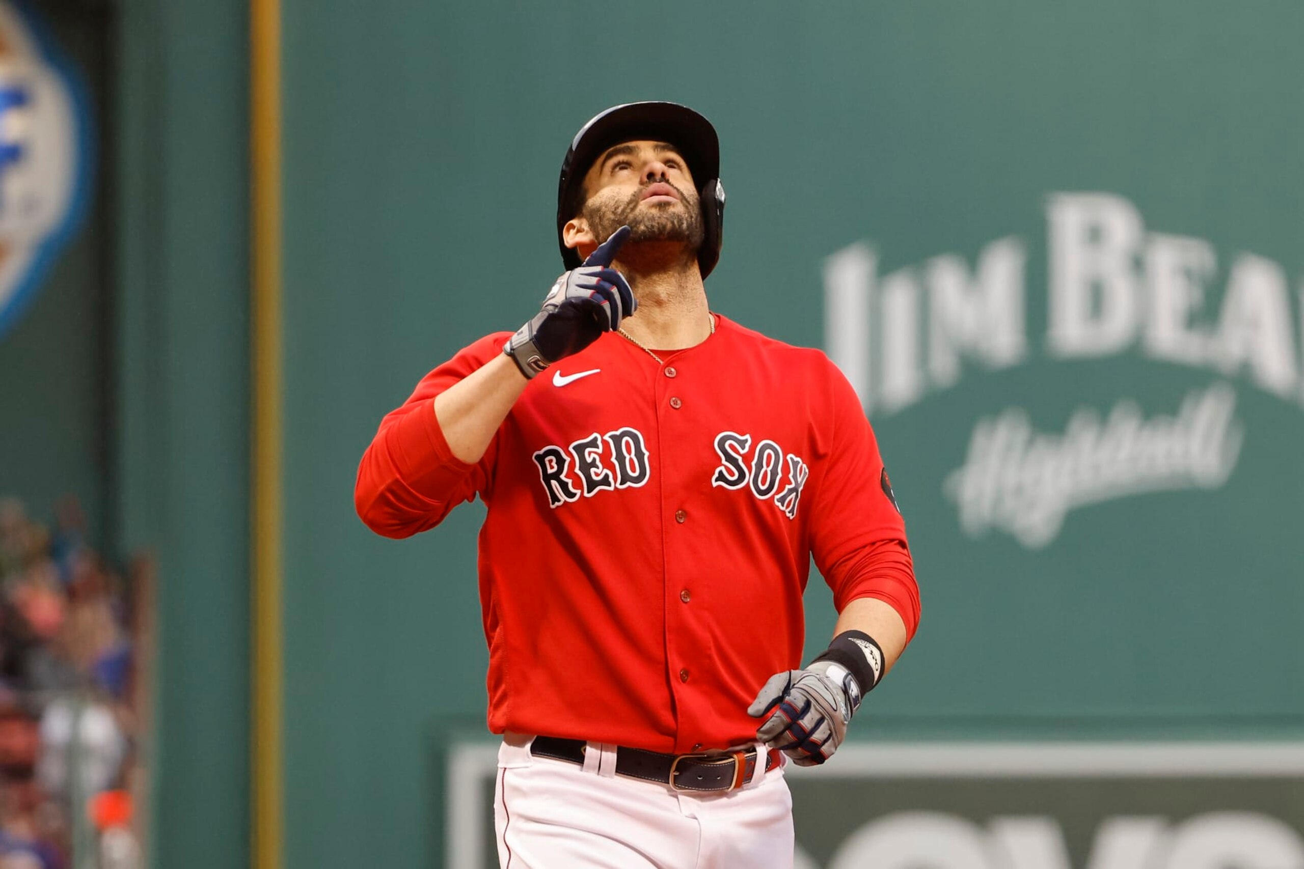 BOSTON, MA - OCTOBER 5: J.D. Martinez #28 of the Boston Red Sox points skyward after his three-run home run against the Tampa Bay Rays during the first inning at Fenway Park on October 5, 2022 in Boston, Massachusetts. (Photo By Winslow Townson/Getty Images) BOSTON, MA - OCTOBER 5: J.D. Martinez #28 of the Boston Red Sox points skyward after his three-run home run against the Tampa Bay Rays during the first inning at Fenway Park on October 5, 2022 in Boston, Massachusetts. (Photo By Winslow Townson/Getty Images)