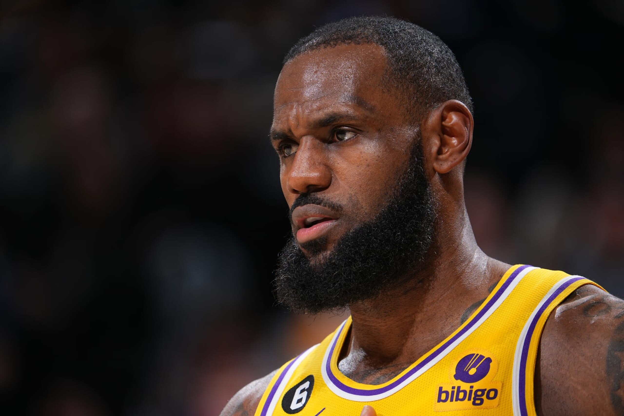 DENVER, CO - OCTOBER 26: LeBron James #6 of the Los Angeles Lakers looks on during the game against the Denver Nuggets on October 26, 2022 at the Ball Arena in Denver, Colorado. NOTE TO USER: User expressly acknowledges and agrees that, by downloading and/or using this Photograph, user is consenting to the terms and conditions of the Getty Images License Agreement. Mandatory Copyright Notice: Copyright 2022 NBAE (Photo by Bart Young/NBAE via Getty Images)