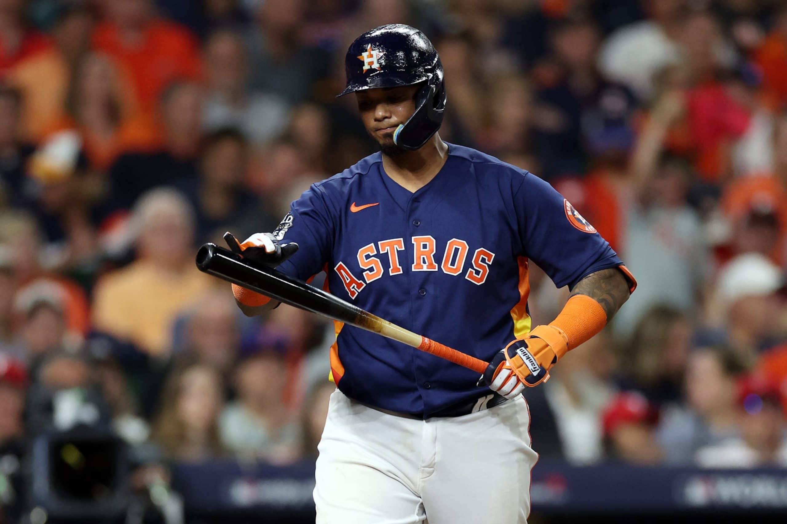 HOUSTON, TEXAS - OCTOBER 29: Martin Maldonado #15 of the Houston Astros strikes out in the second inning against the Philadelphia Phillies in Game Two of the 2022 World Series at Minute Maid Park on October 29, 2022 in Houston, Texas. (Photo by Sean M. Haffey/Getty Images)
