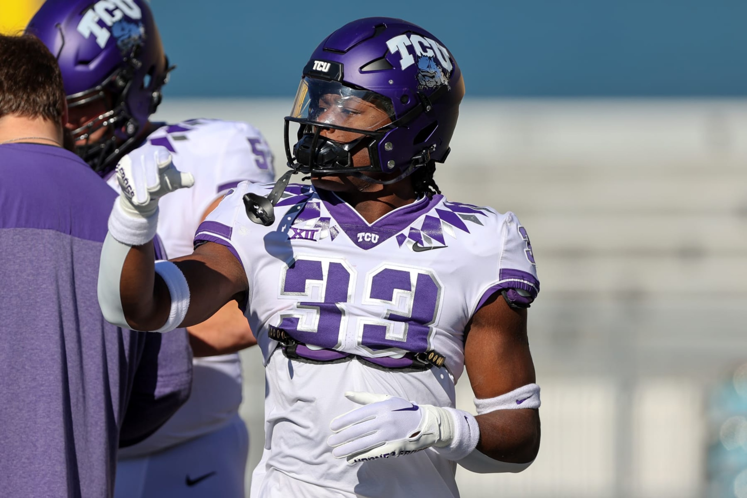 MORGANTOWN, WV - OCTOBER 29: TCU Horned Frogs running back Kendre Miller (33) warms up prior to the college football game between the TCU Horned Frogs and the West Virginia Mountaineers on October 29, 2022, at Mountaineer Field at Milan Puskar Stadium in Morgantown, WV. (Photo by Frank Jansky/Icon Sportswire via Getty Images)
