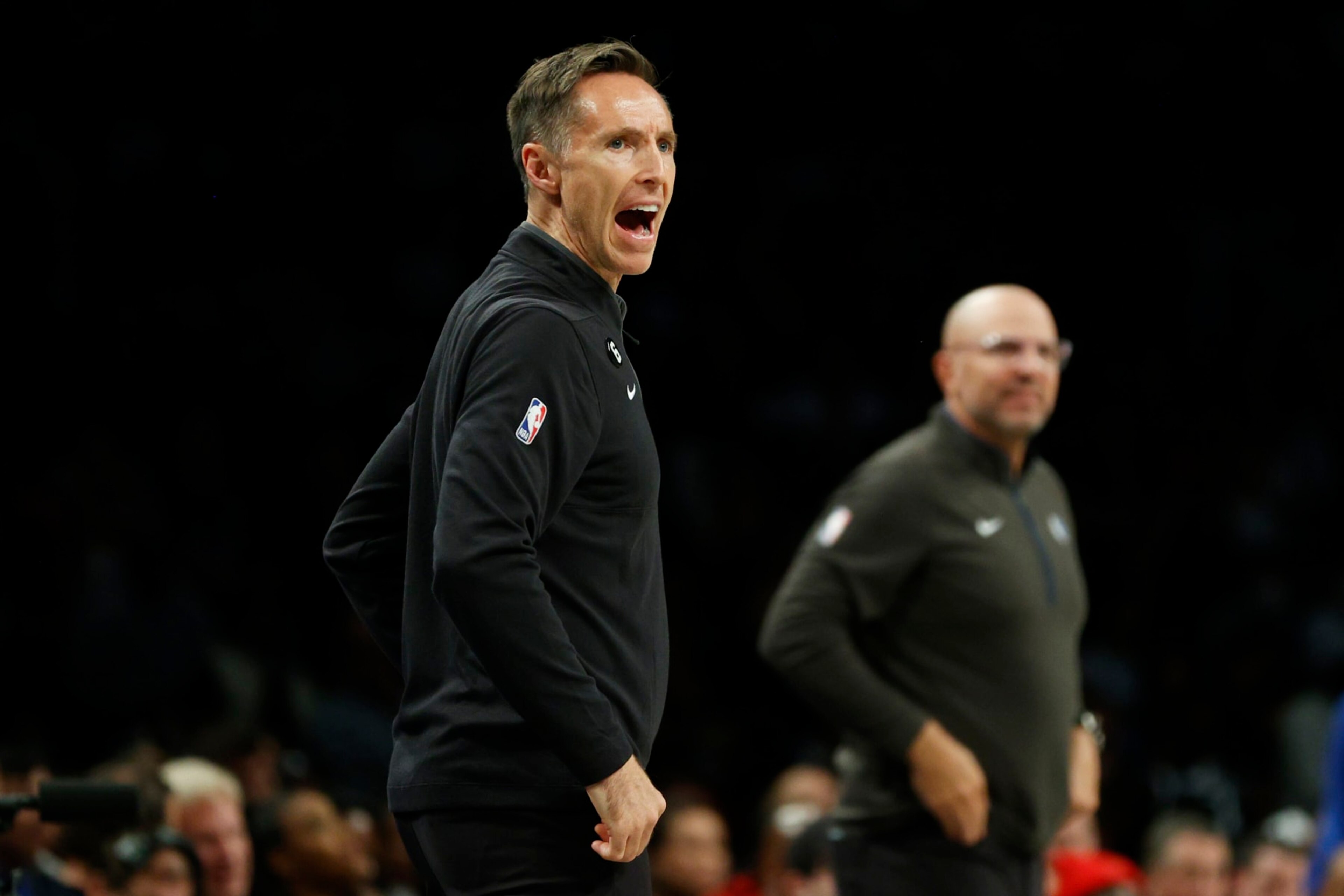 NEW YORK, NEW YORK - OCTOBER 27: Head coach Steve Nash of the Brooklyn Nets reacts during the first half against the Dallas Mavericks at Barclays Center on October 27, 2022 in the Brooklyn borough of New York City. NOTE TO USER: User expressly acknowledges and agrees that, by downloading and or using this photograph, User is consenting to the terms and conditions of the Getty Images License Agreement. (Photo by Sarah Stier/Getty Images)