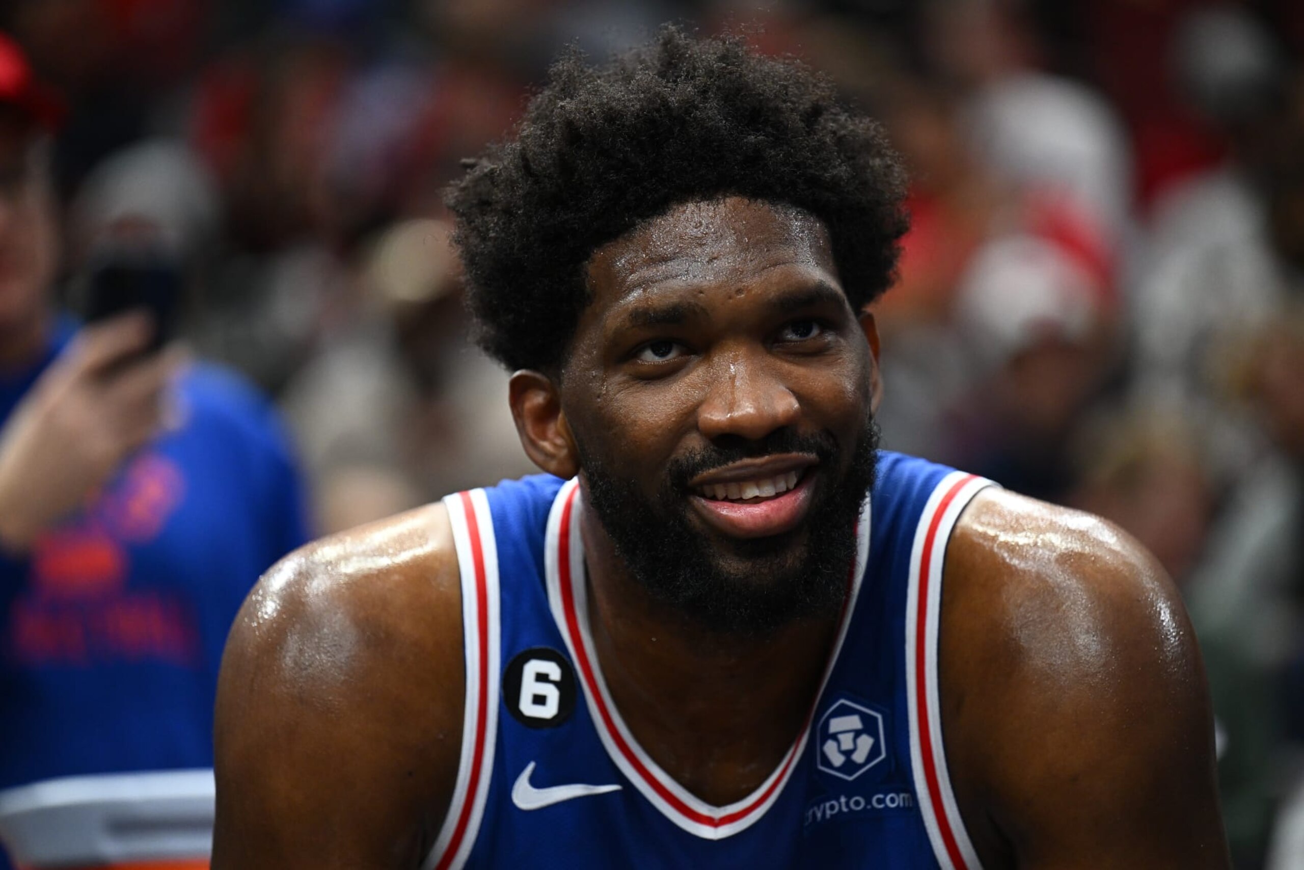 CHICAGO, ILLINOIS - OCTOBER 29: Joel Embiid #21 of the Philadelphia 76ers takes a breather on the bench in the first half against the Chicago Bulls on October 29, 2022 at the United Center in Chicago, Illinois.  NOTE TO USER: User expressly acknowledges and agrees that, by downloading and or using this photograph, User is consenting to the terms and conditions of the Getty Images License Agreement. (Photo by Jamie Sabau/Getty Images)