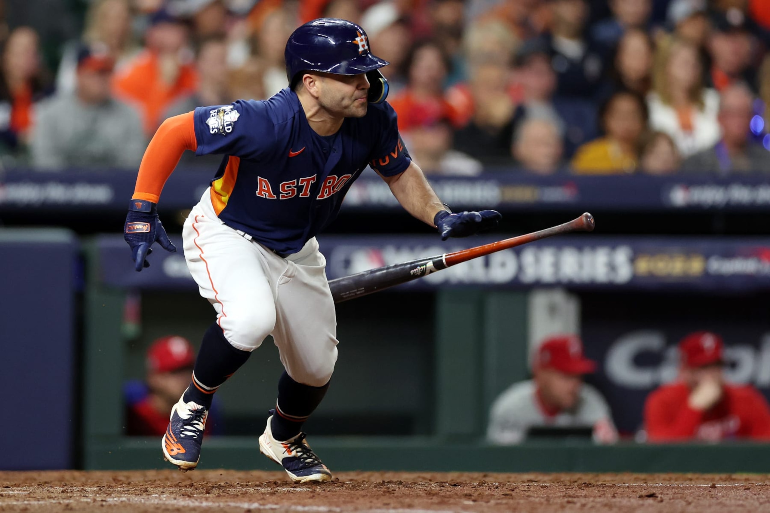 HOUSTON, TEXAS - OCTOBER 29: Jose Altuve #27 of the Houston Astros hits a single in the fifth inning against the Philadelphia Phillies in Game Two of the 2022 World Series at Minute Maid Park on October 29, 2022 in Houston, Texas. (Photo by Sean M. Haffey/Getty Images) HOUSTON, TEXAS - OCTOBER 29: Jose Altuve #27 of the Houston Astros hits a single in the fifth inning against the Philadelphia Phillies in Game Two of the 2022 World Series at Minute Maid Park on October 29, 2022 in Houston, Texas. (Photo by Sean M. Haffey/Getty Images)