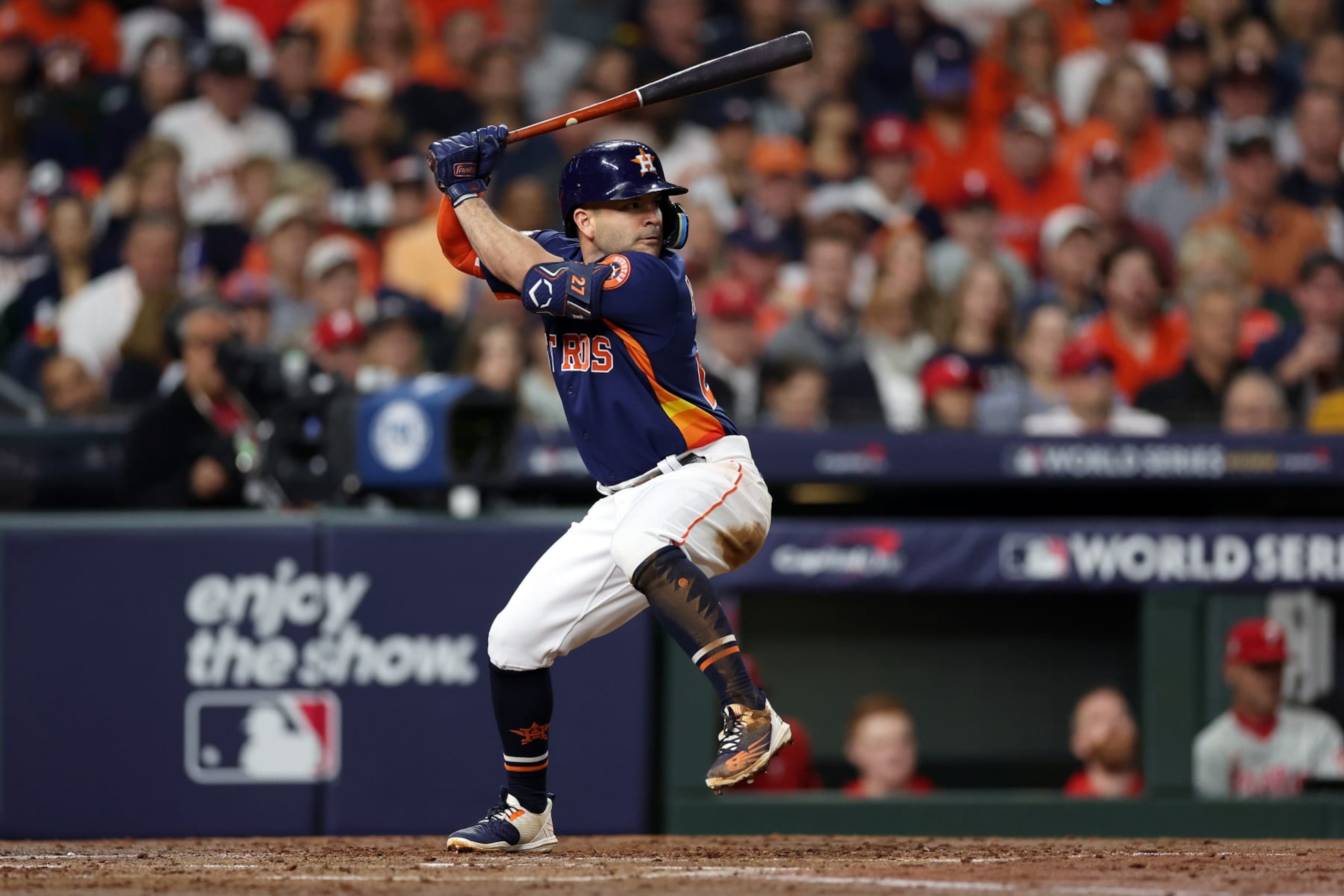 HOUSTON, TEXAS - OCTOBER 29: Jose Altuve #27 of the Houston Astros at bat in the second inning against the Philadelphia Philliesin Game Two of the 2022 World Series at Minute Maid Park on October 29, 2022 in Houston, Texas. (Photo by Sean M. Haffey/Getty Images)