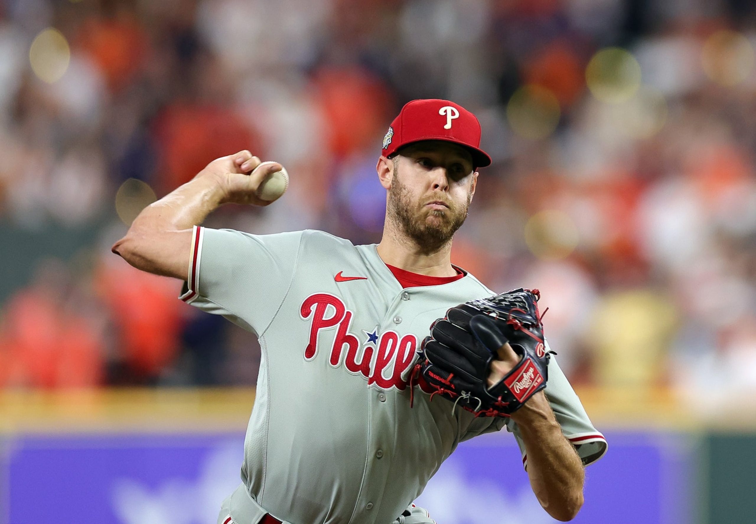 HOUSTON, TEXAS - OCTOBER 29: Zack Wheeler #45 of the Philadelphia Phillies pitches in the first inning against the Houston Astros in Game Two of the 2022 World Series at Minute Maid Park on October 29, 2022 in Houston, Texas. (Photo by Carmen Mandato/Getty Images)