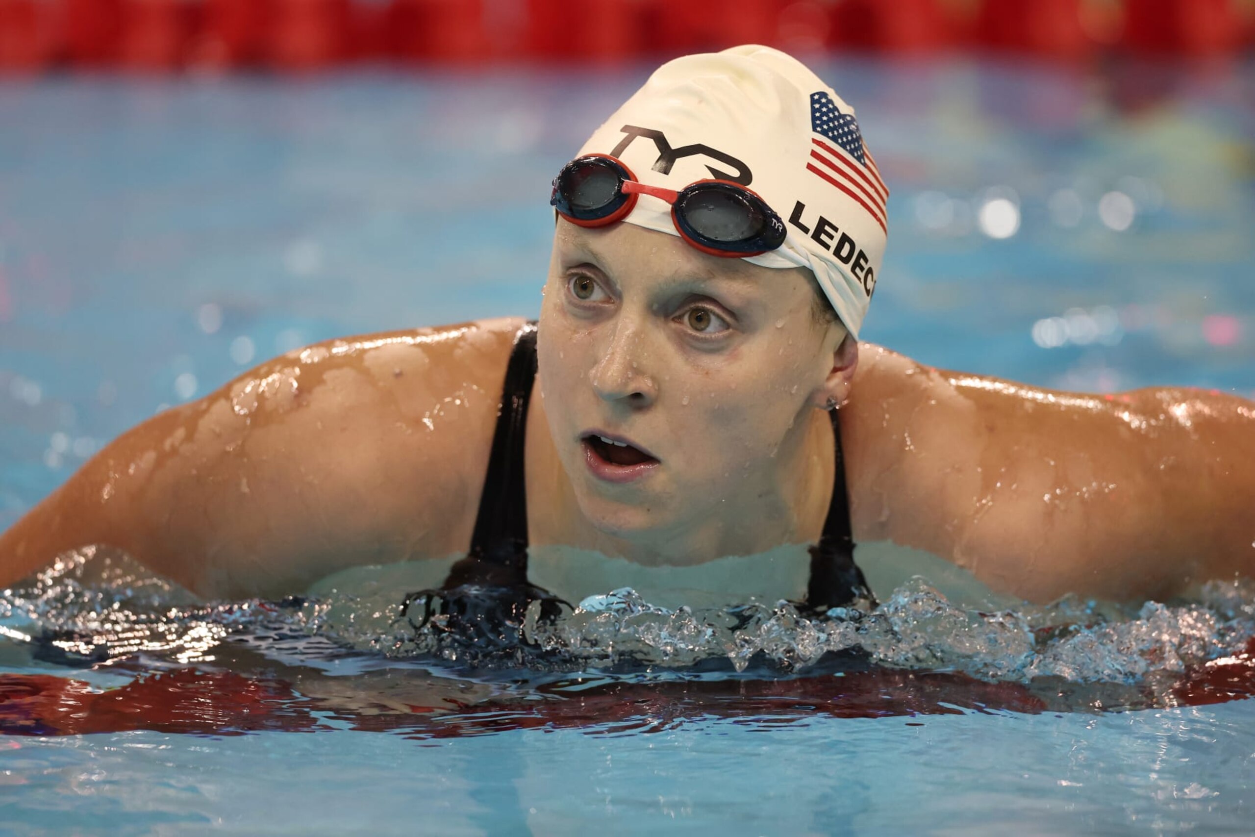 TORONTO, ONTARIO - OCTOBER 29 : Katie Ledecky of the United States after her Woman's 200m Freestyle heat during day two of the FINA Swimming World Cup at the Pan Am Sports Centre on October 29, 2022 in Toronto, Ontario. (Photo by Gregory Shamus/Getty Images) TORONTO, ONTARIO - OCTOBER 29 : Katie Ledecky of the United States after her Woman's 200m Freestyle heat during day two of the FINA Swimming World Cup at the Pan Am Sports Centre on October 29, 2022 in Toronto, Ontario. (Photo by Gregory Shamus/Getty Images)