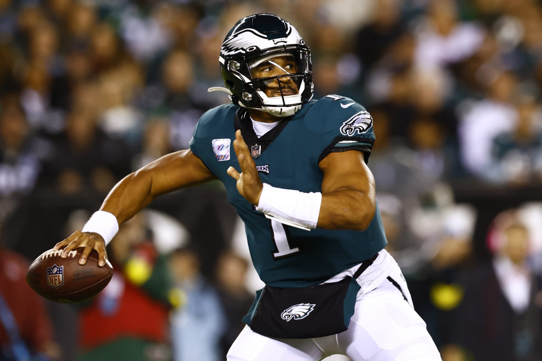 Philadelphia Eagles quarterback Jalen Hurts (1) in action against the Dallas Cowboys during an NFL football game, Sunday, Oct. 16, 2022, in Philadelphia. (AP Photo/Rich Schultz)