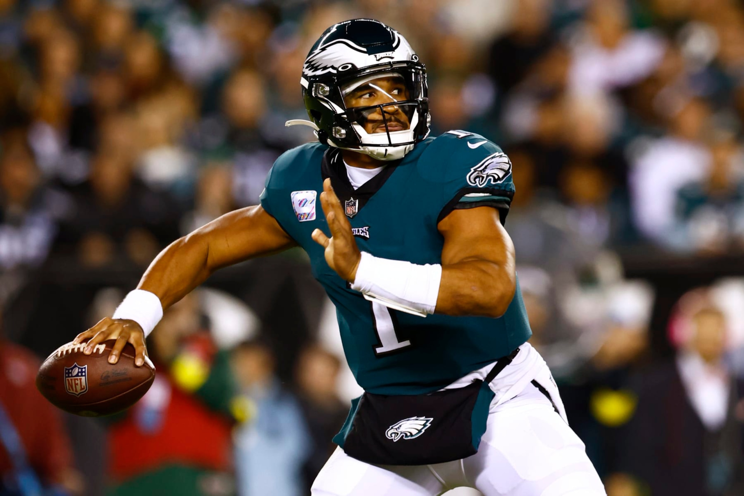 Philadelphia Eagles quarterback Jalen Hurts (1) in action against the Dallas Cowboys during an NFL football game, Sunday, Oct. 16, 2022, in Philadelphia. (AP Photo/Rich Schultz)
