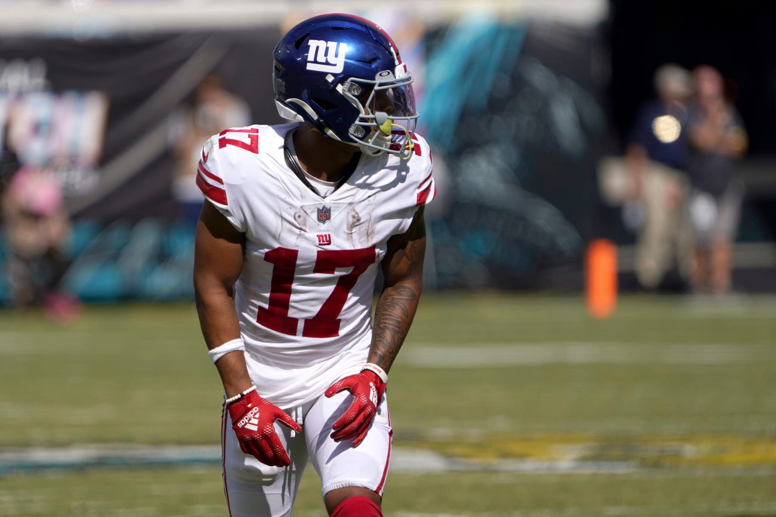 New York Giants wide receiver Wan'Dale Robinson (17) lines up against the Jacksonville Jaguars during the first half of an NFL football game Sunday, Oct. 23, 2022, in Jacksonville, Fla. (AP Photo/John Raoux)
