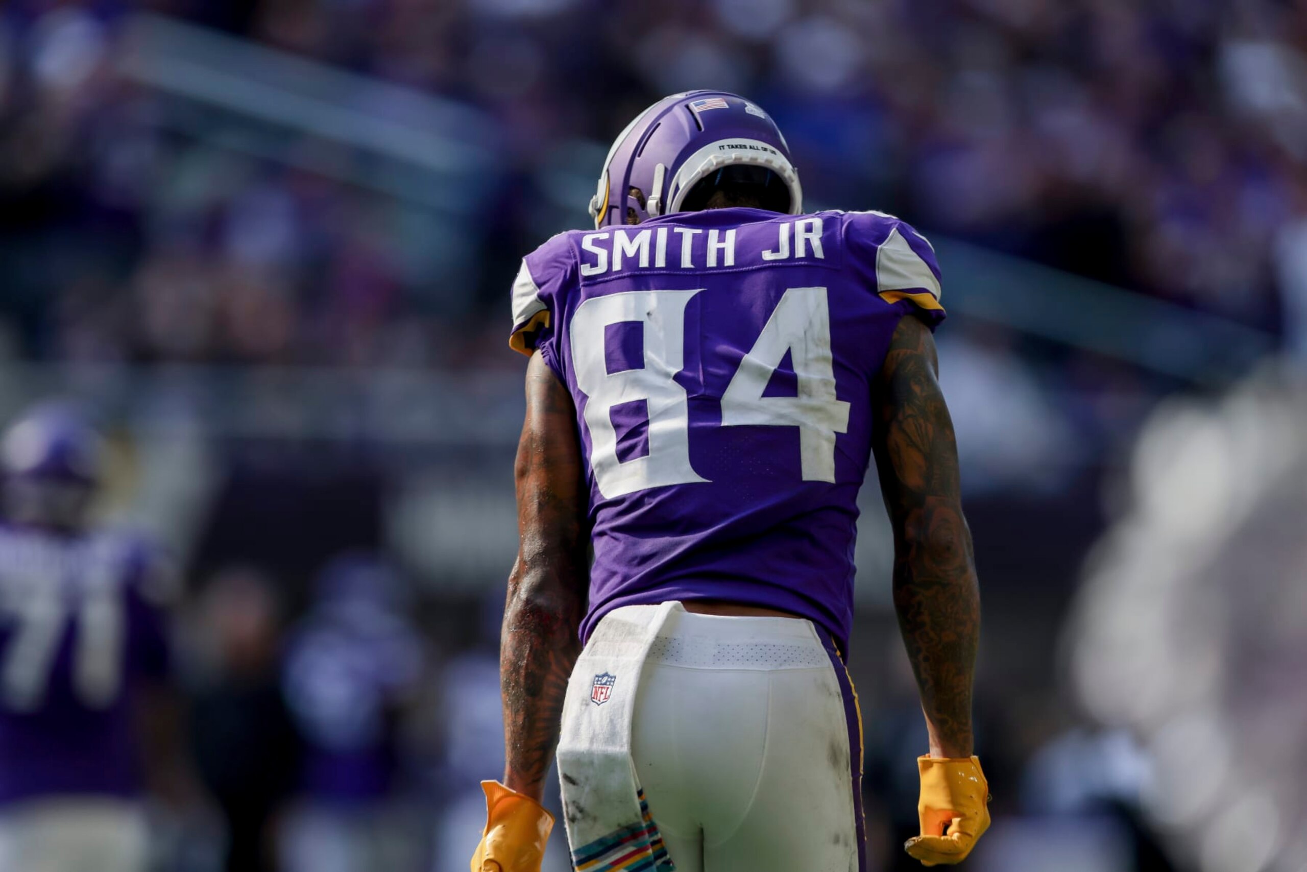 Minnesota Vikings tight end Irv Smith Jr. (84) in action during the second half of an NFL football game against the Chicago Bears, Sunday, Oct. 9, 2022 in Minneapolis. (AP Photo/Stacy Bengs)