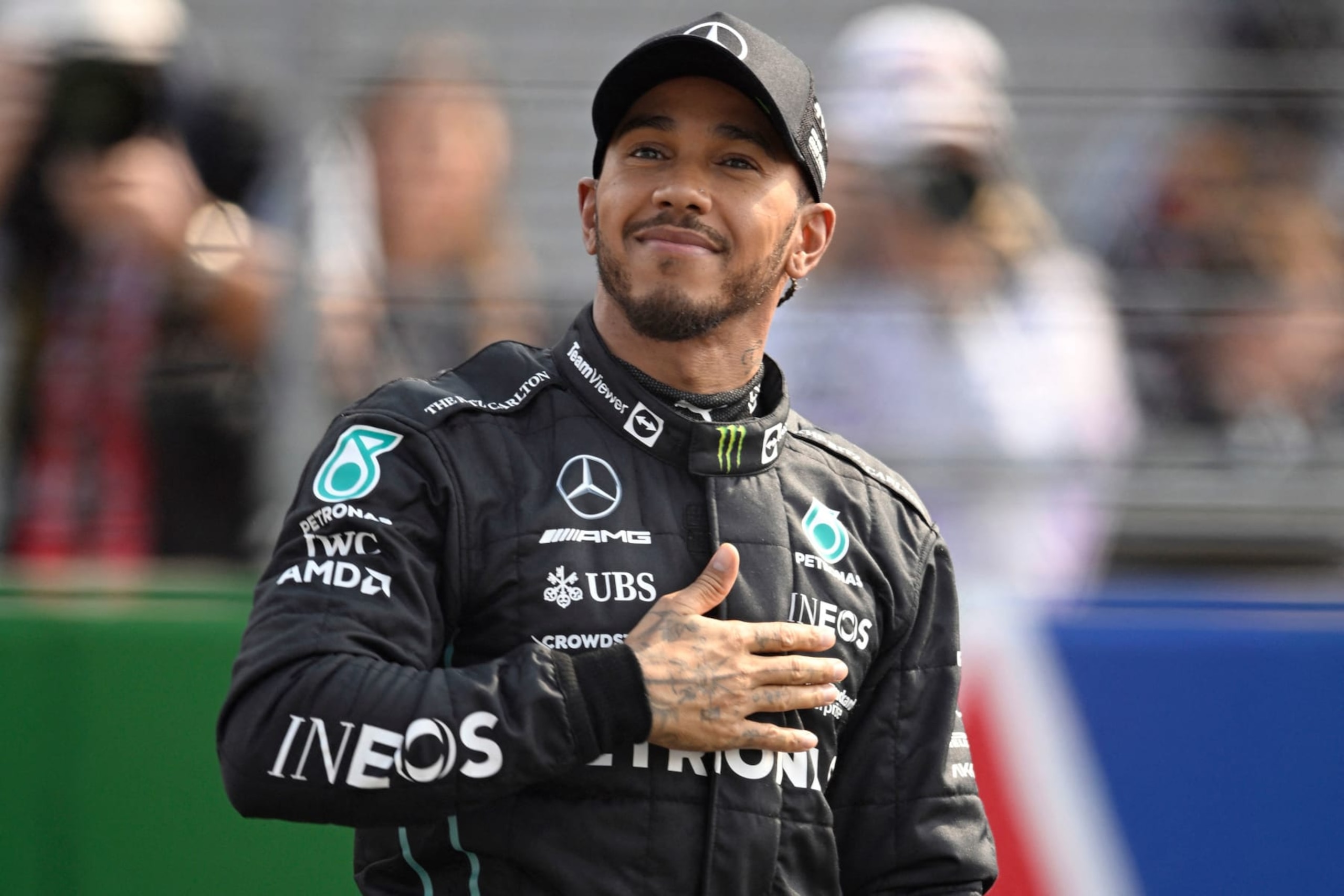 Mercedes' British driver Lewis Hamilton reacts after obtaining the third place in the Formula One Mexico Grand Prix qualifying session at the Hermanos Rodriguez racetrack in Mexico City on October 29, 2022. (Photo by ALFREDO ESTRELLA / AFP) (Photo by ALFREDO ESTRELLA/AFP via Getty Images)