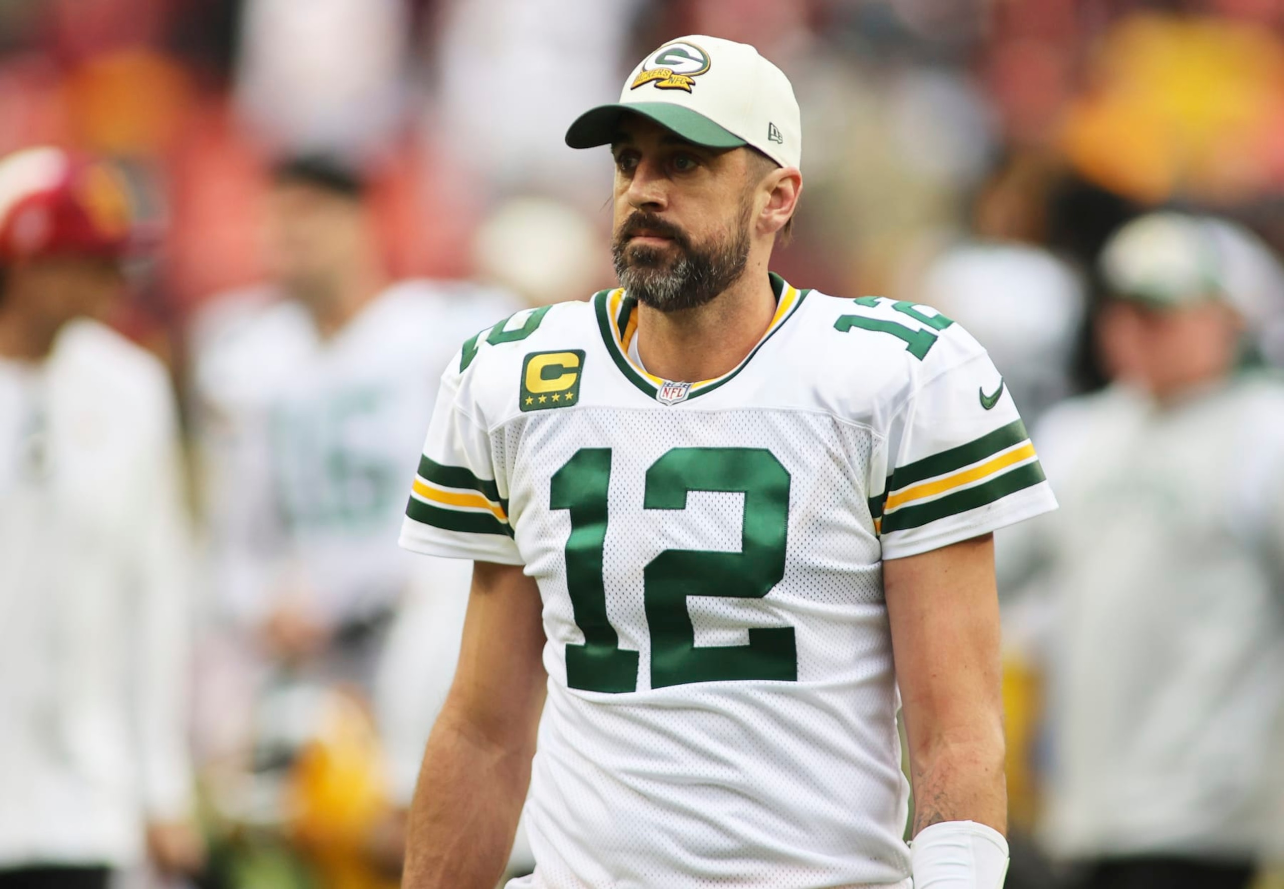 Green Bay Packers quarterback Aaron Rodgers (12) pictured after an NFL football game against the Washington Commanders, Sunday, October 23, 2022 in Landover. (AP Photo/Daniel Kucin Jr.)