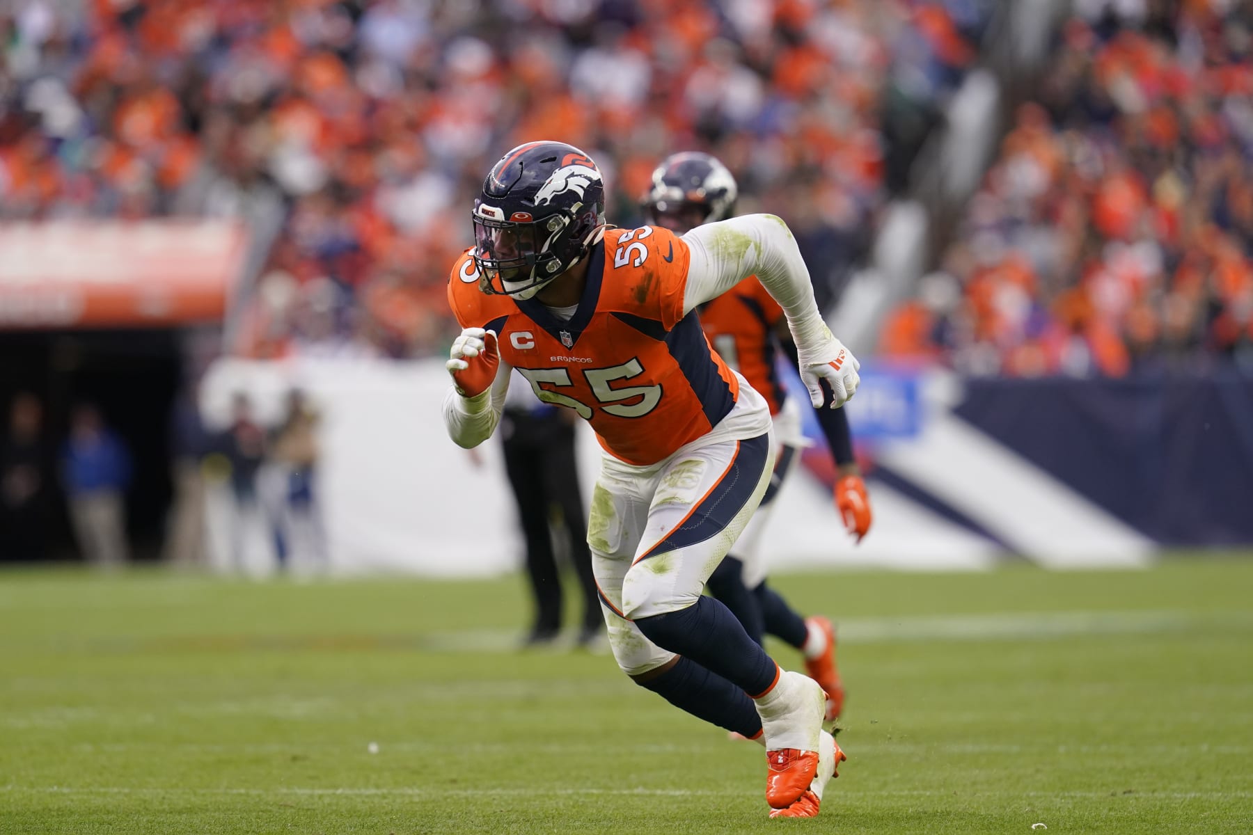 Denver Broncos linebacker Bradley Chubb (55) works against the New York Jets during the second half of an NFL football game, Sunday, Oct. 23, 2022, in Denver. (AP Photo/Matt York)