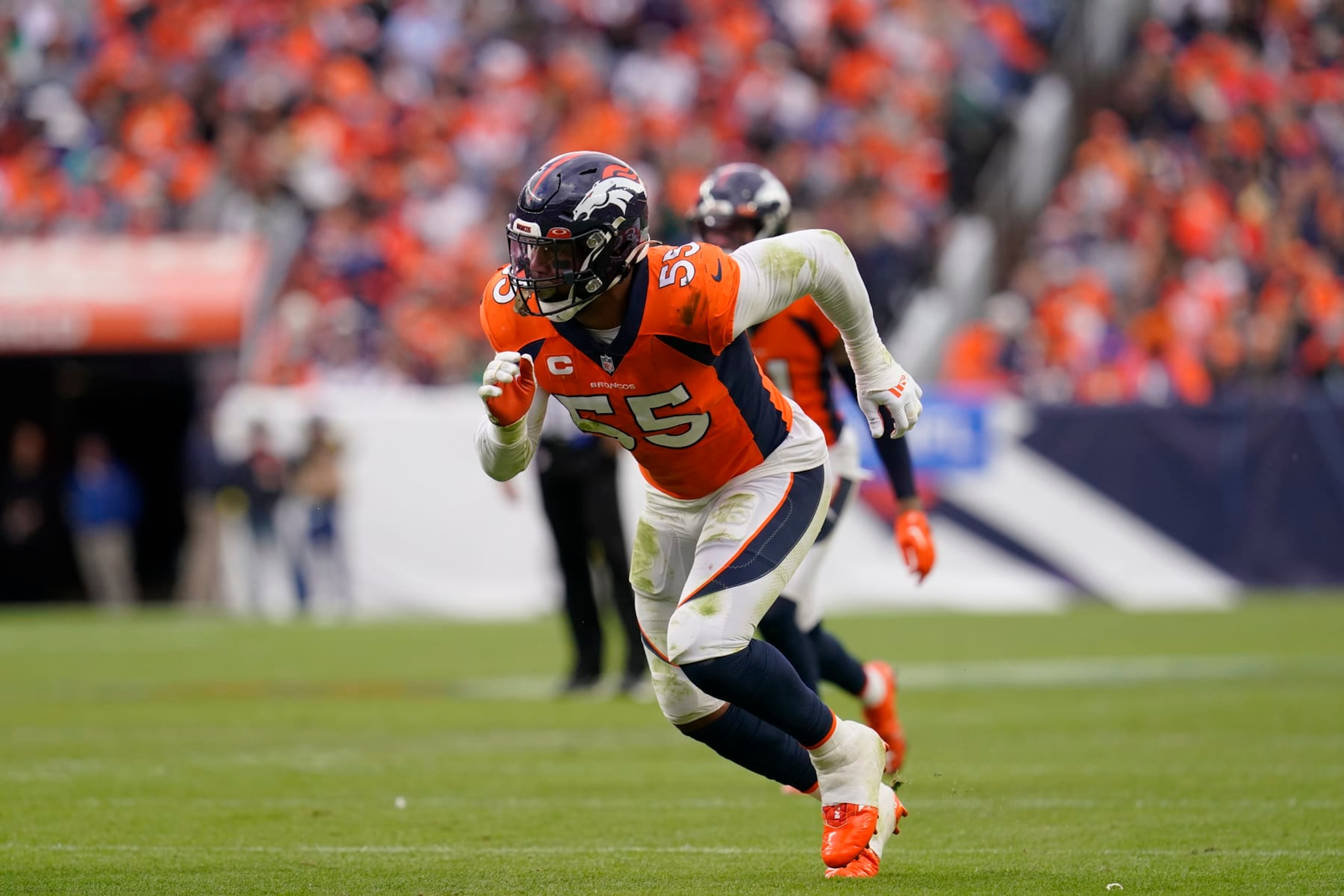 Denver Broncos linebacker Bradley Chubb (55) works against the New York Jets during the second half of an NFL football game, Sunday, Oct. 23, 2022, in Denver. (AP Photo/Matt York)