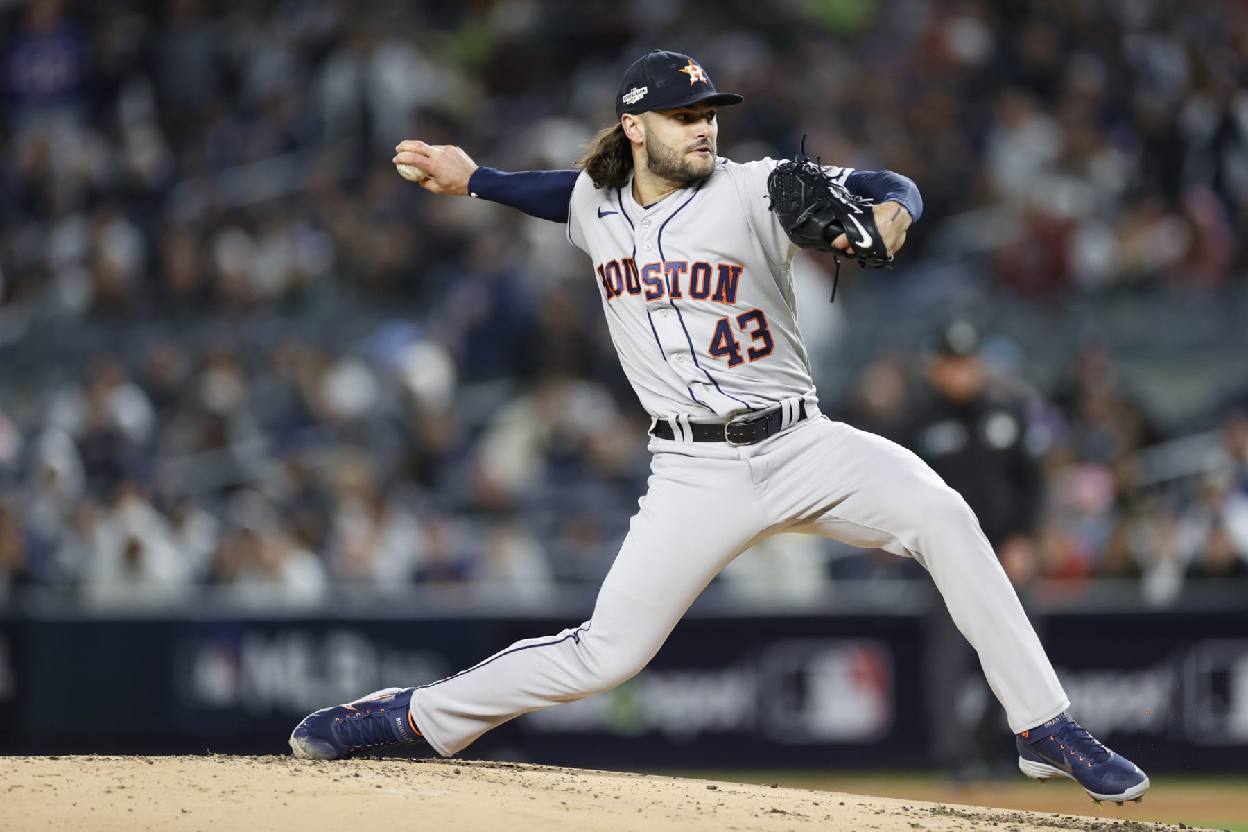 NEW YORK, NEW YORK - OCTOBER 23: Lance McCullers Jr. #43 of the Houston Astros pitches in the first inning in game four of the American League Championship Series against the New York Yankees at Yankee Stadium on October 23, 2022 in the Bronx borough of New York City. (Photo by Sarah Stier/Getty Images)