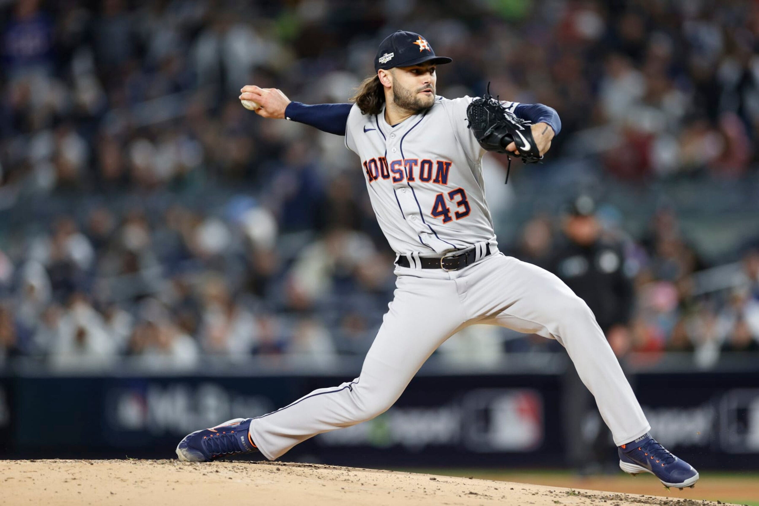 NEW YORK, NEW YORK - OCTOBER 23: Lance McCullers Jr. #43 of the Houston Astros pitches in the first inning in game four of the American League Championship Series against the New York Yankees at Yankee Stadium on October 23, 2022 in the Bronx borough of New York City. (Photo by Sarah Stier/Getty Images)