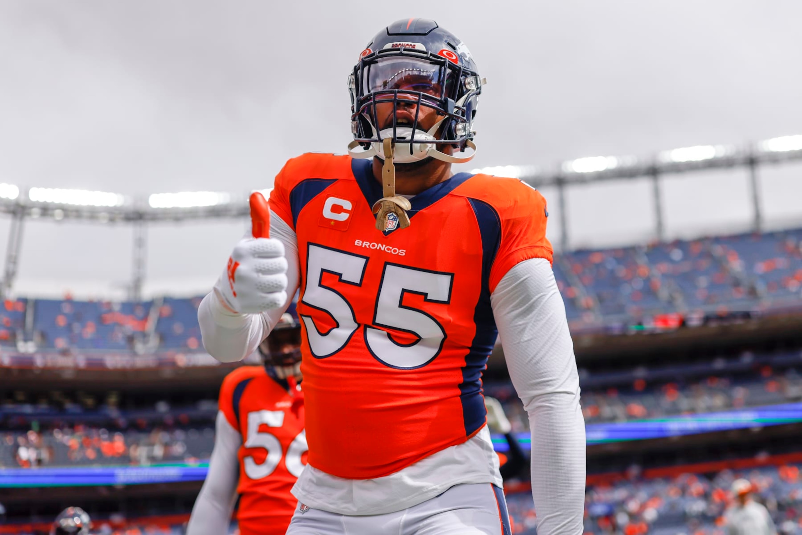 DENVER, COLORADO - OCTOBER 23: Bradley Chubb #55 of the Denver Broncos gestures during warmups before the game against the New York Jets at Empower Field At Mile High on October 23, 2022 in Denver, Colorado. (Photo by Justin Edmonds/Getty Images)