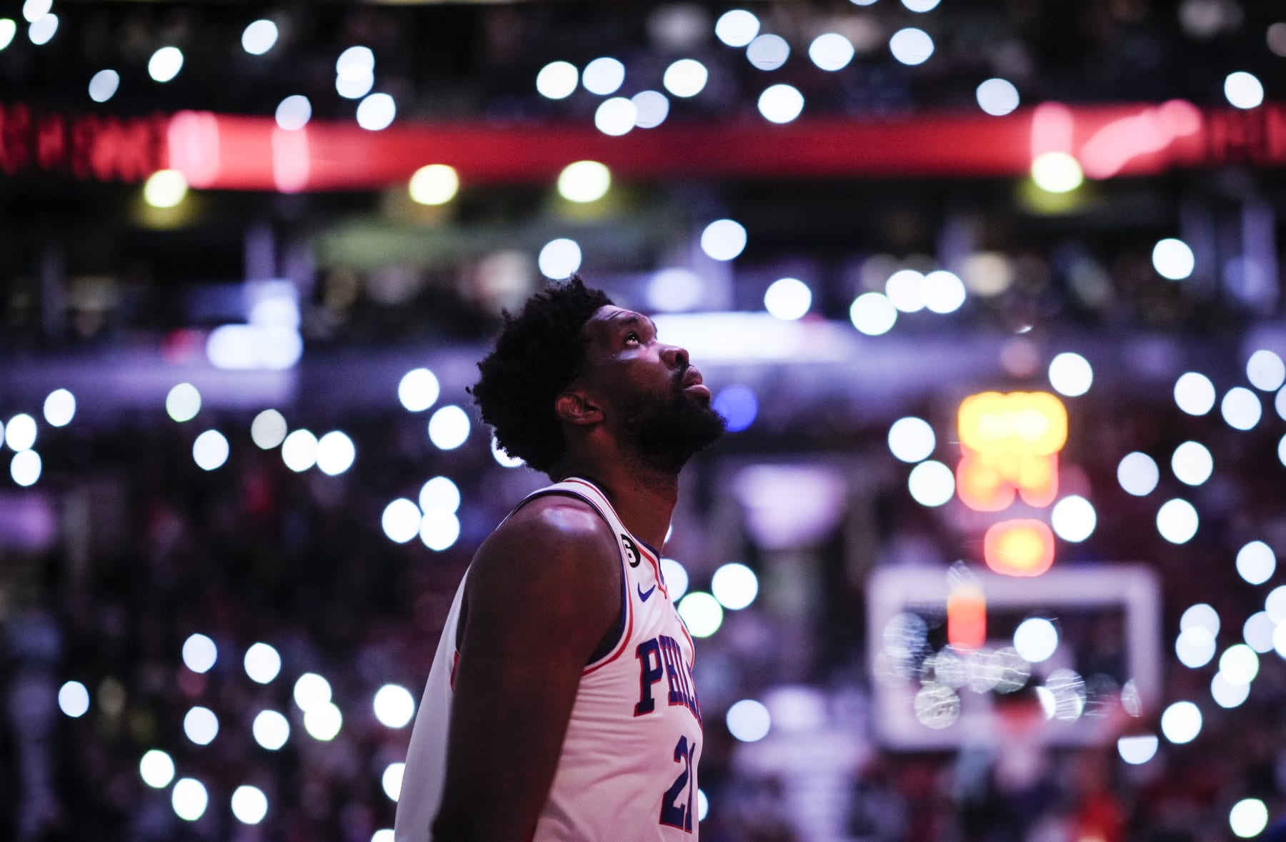 TORONTO, ON - OCTOBER 26: Joel Embiid #21 of the Philadelphia 76ers looks on during the pre-game show before playing the Toronto Raptors at the Scotiabank Arena on October 26, 2022 in Toronto, Ontario, Canada. NOTE TO USER: User expressly acknowledges and agrees that, by downloading and/or using this Photograph, user is consenting to the terms and conditions of the Getty Images License Agreement. (Photo by Mark Blinch/Getty Images)