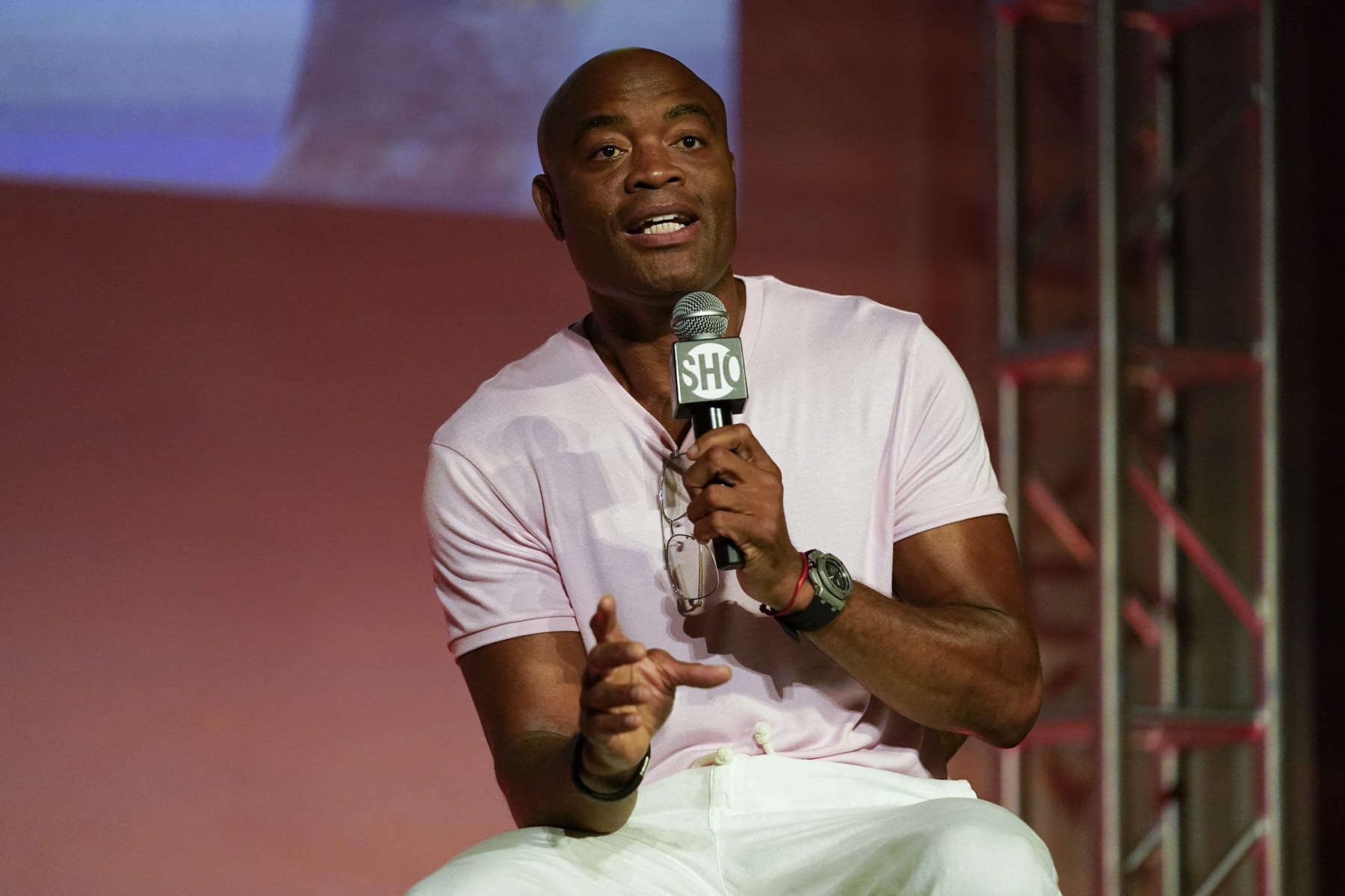Anderson Silva speaks during a news conference Monday, Sept. 12, 2022, in Los Angeles. He is scheduled to fight Jake Paul at a catchweight of 187 pounds on Oct. 29 in Phoenix. (AP Photo/Ashley Landis)